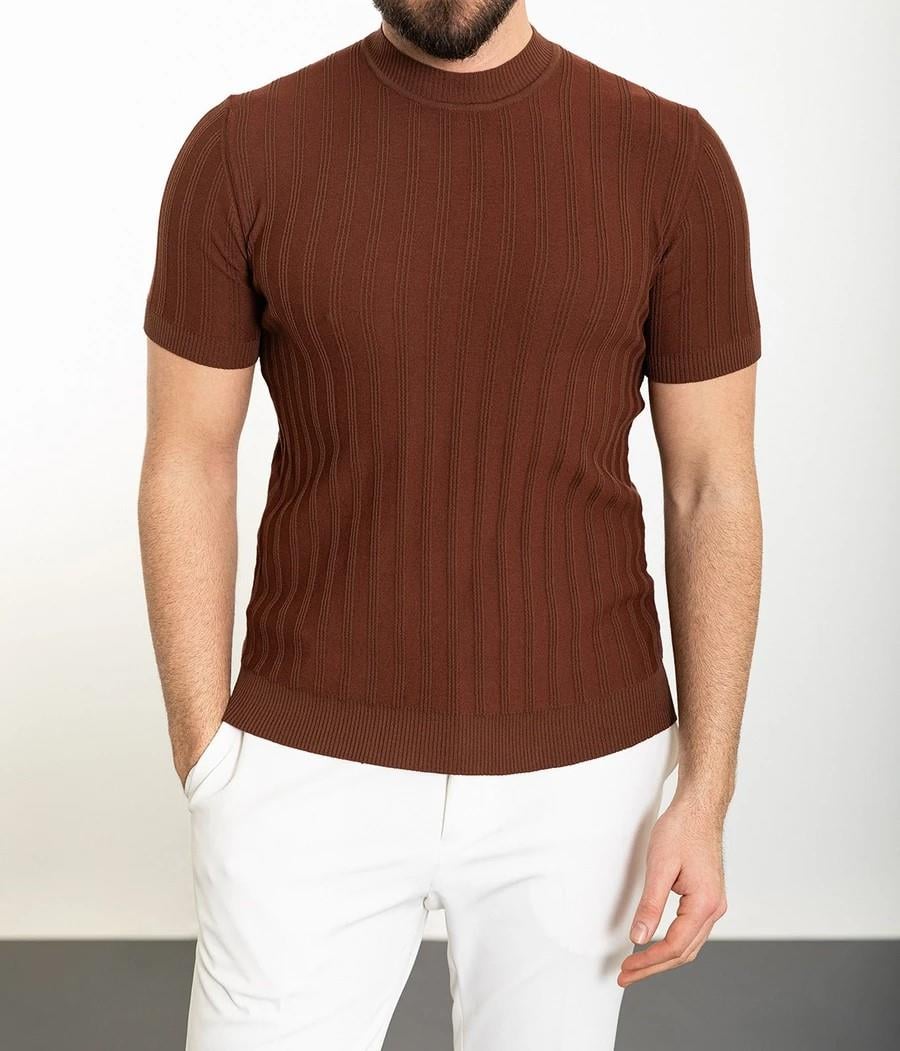 İtalyan stil slim fit yarım balıkçı yaka triko tişört kiremit T11759