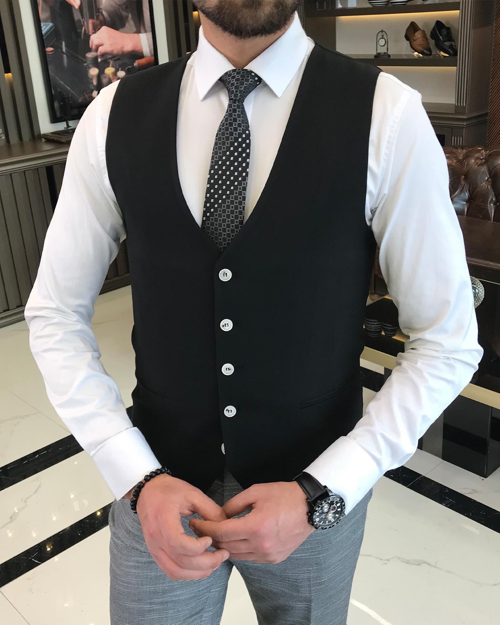 İtalyan stil slim fit yün karışımlı ceket yelek pantolon takım elbise siyah T9361