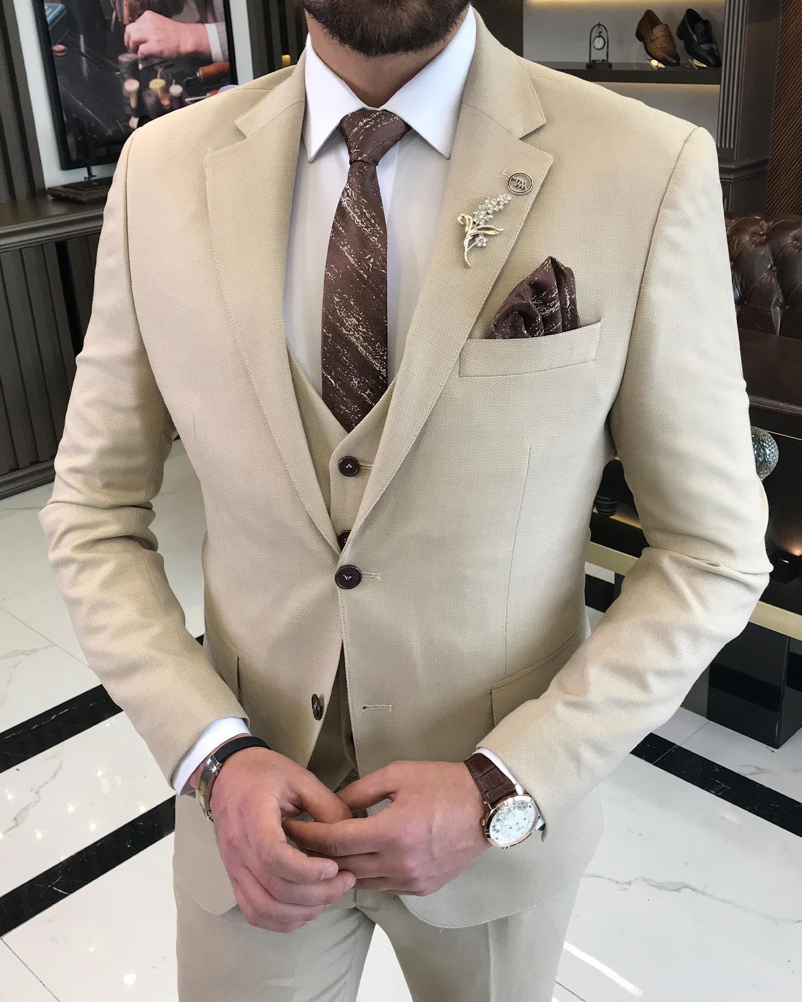 İtalyan stil slim fit yün karışımlı ceket yelek pantolon takım elbise bej T9362