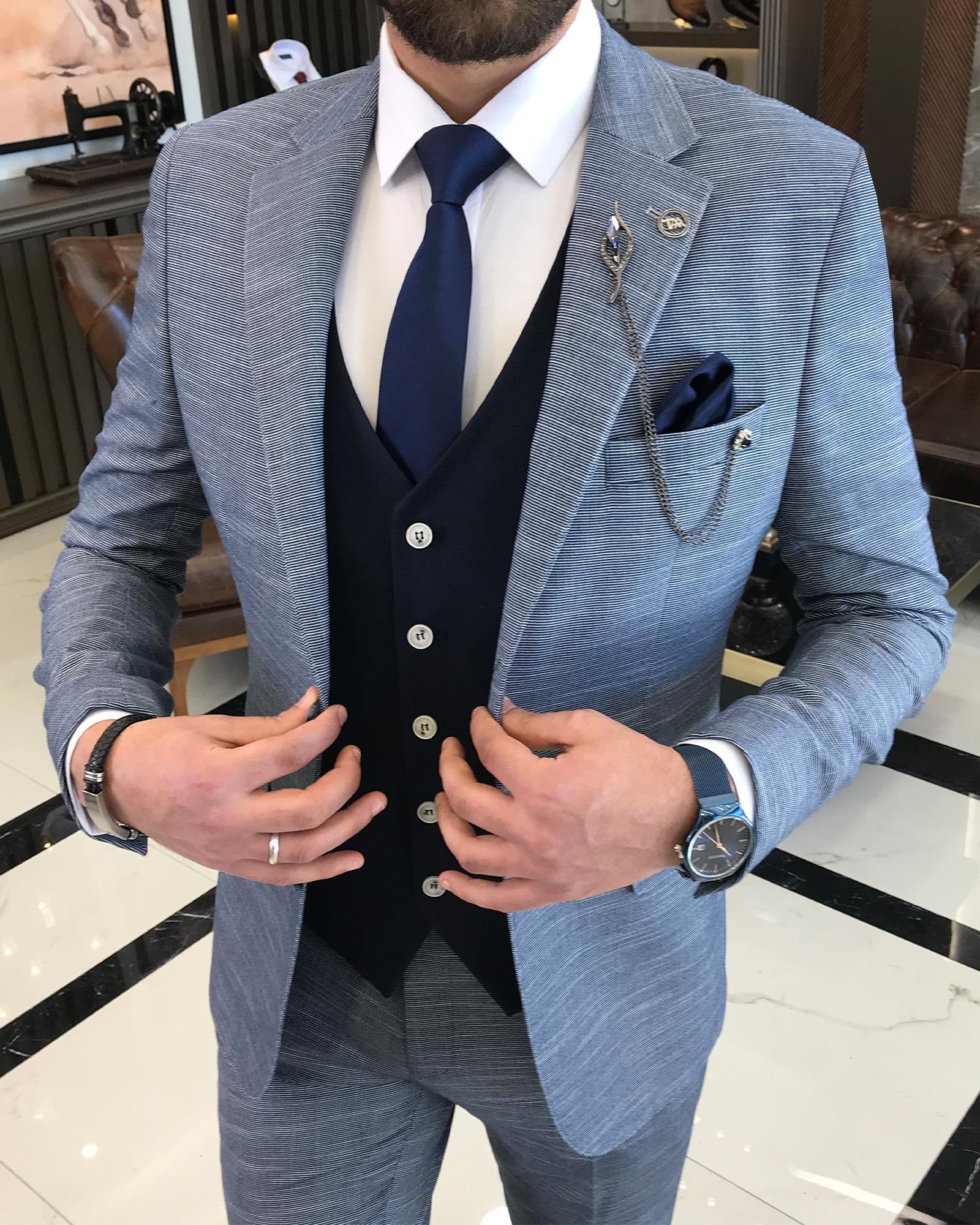 İtalyan stil slim fit yün karışımlı ceket yelek pantolon takım elbise lacivert T9360