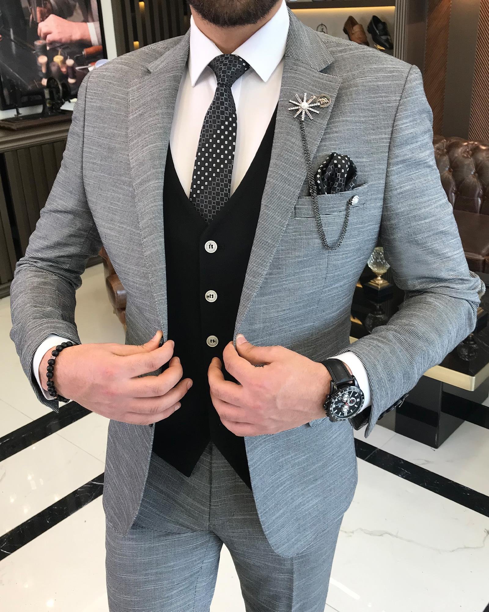 İtalyan stil slim fit yün karışımlı ceket yelek pantolon takım elbise siyah T9361