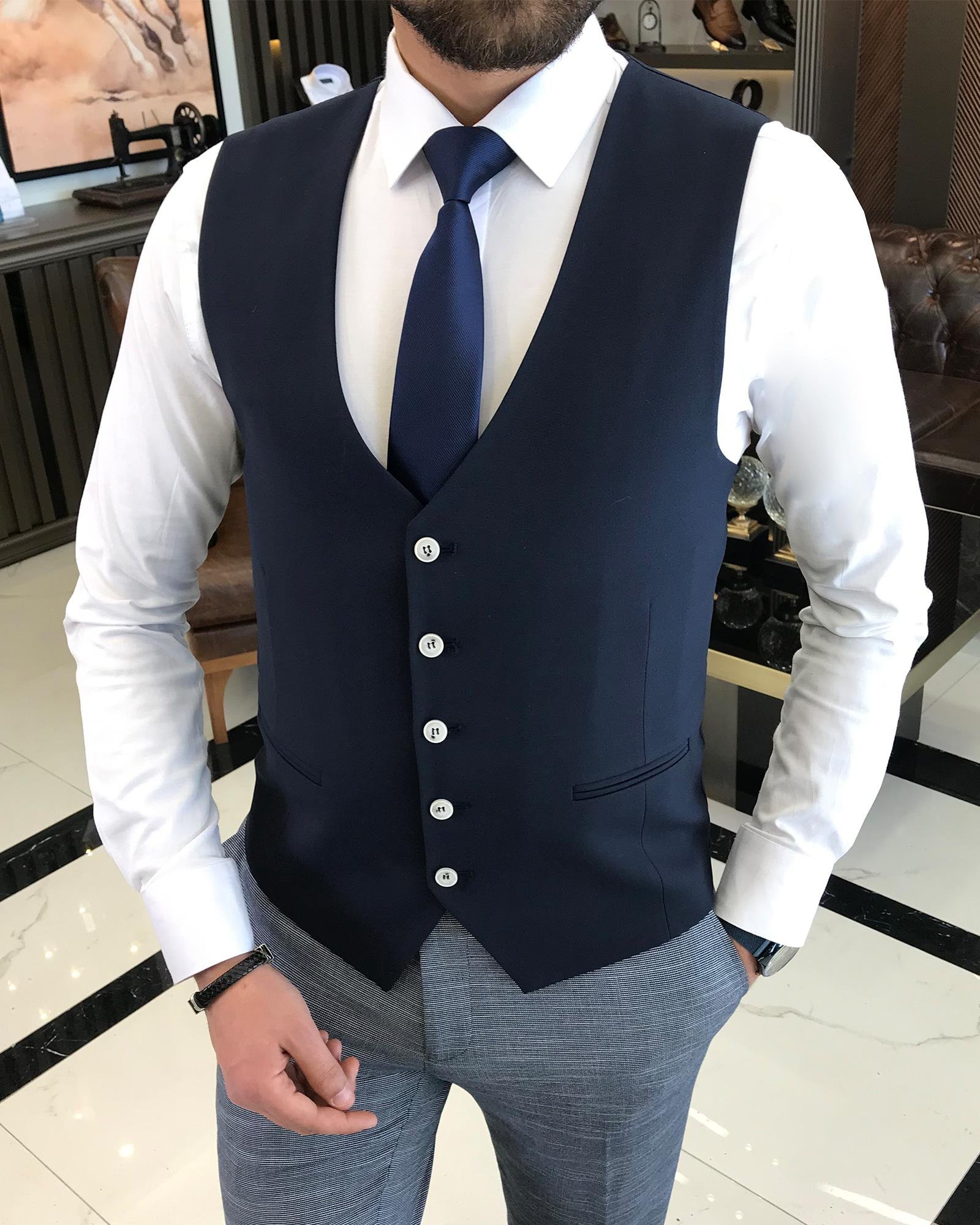 İtalyan stil slim fit yün karışımlı ceket yelek pantolon takım elbise lacivert T9360