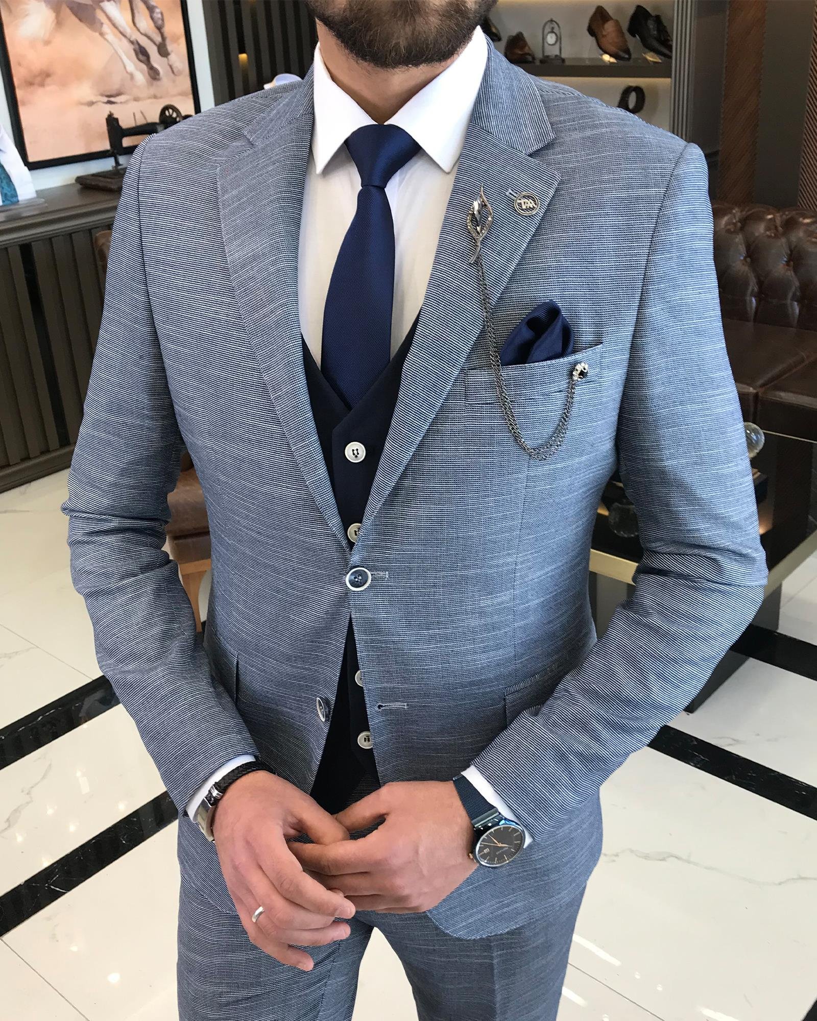 İtalyan stil slim fit yün karışımlı ceket yelek pantolon takım elbise lacivert T9360