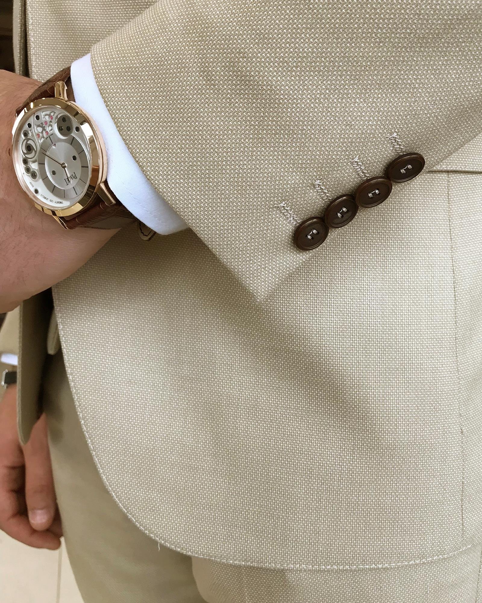 İtalyan stil slim fit yün karışımlı ceket yelek pantolon takım elbise bej T9362