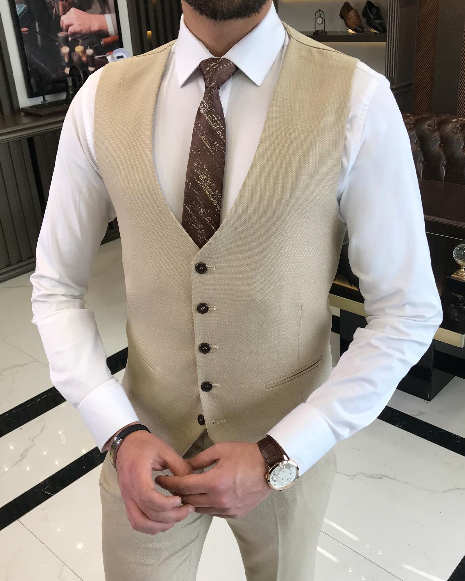 İtalyan stil slim fit yün karışımlı ceket yelek pantolon takım elbise bej T9362