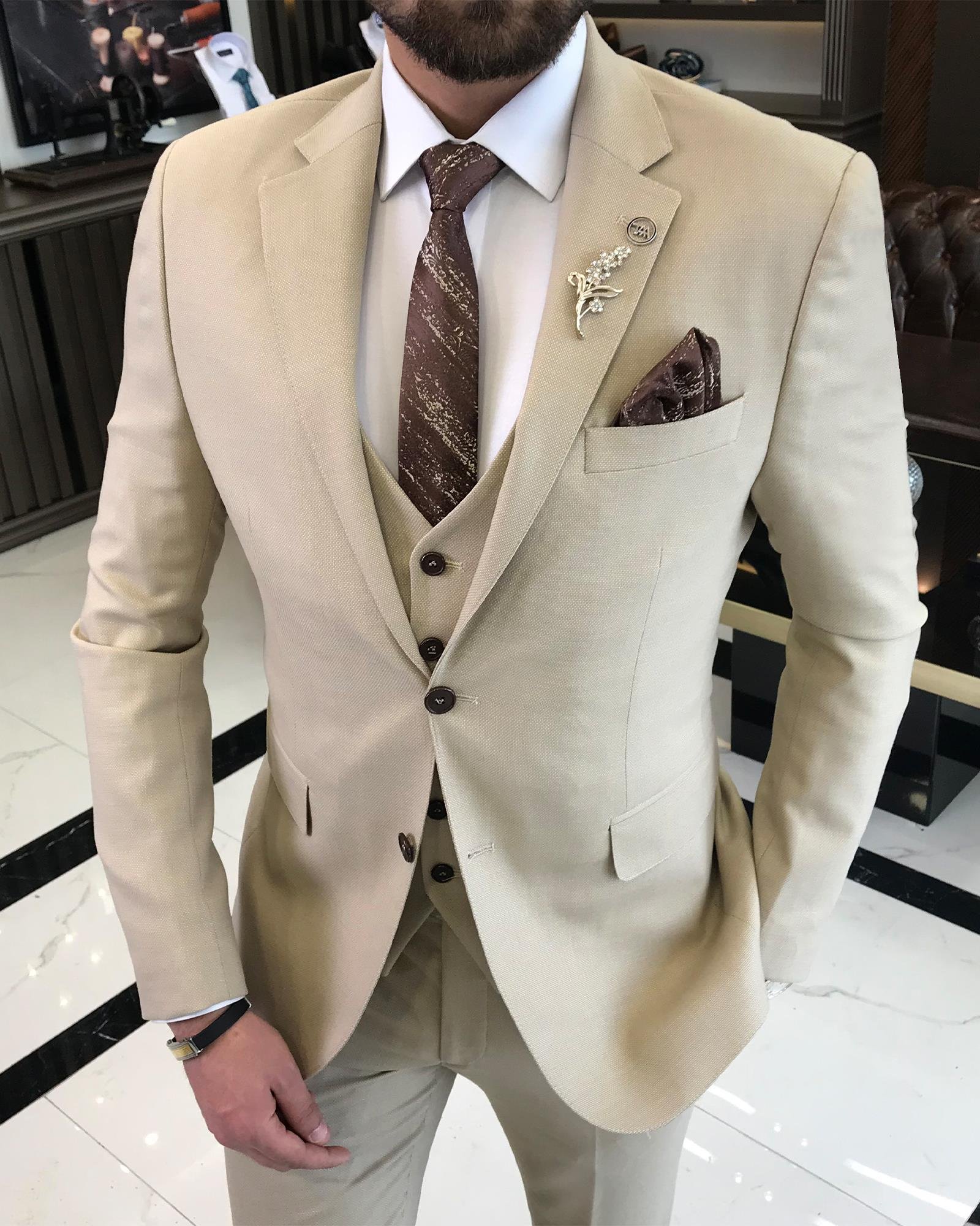 İtalyan stil slim fit yün karışımlı ceket yelek pantolon takım elbise bej T9362