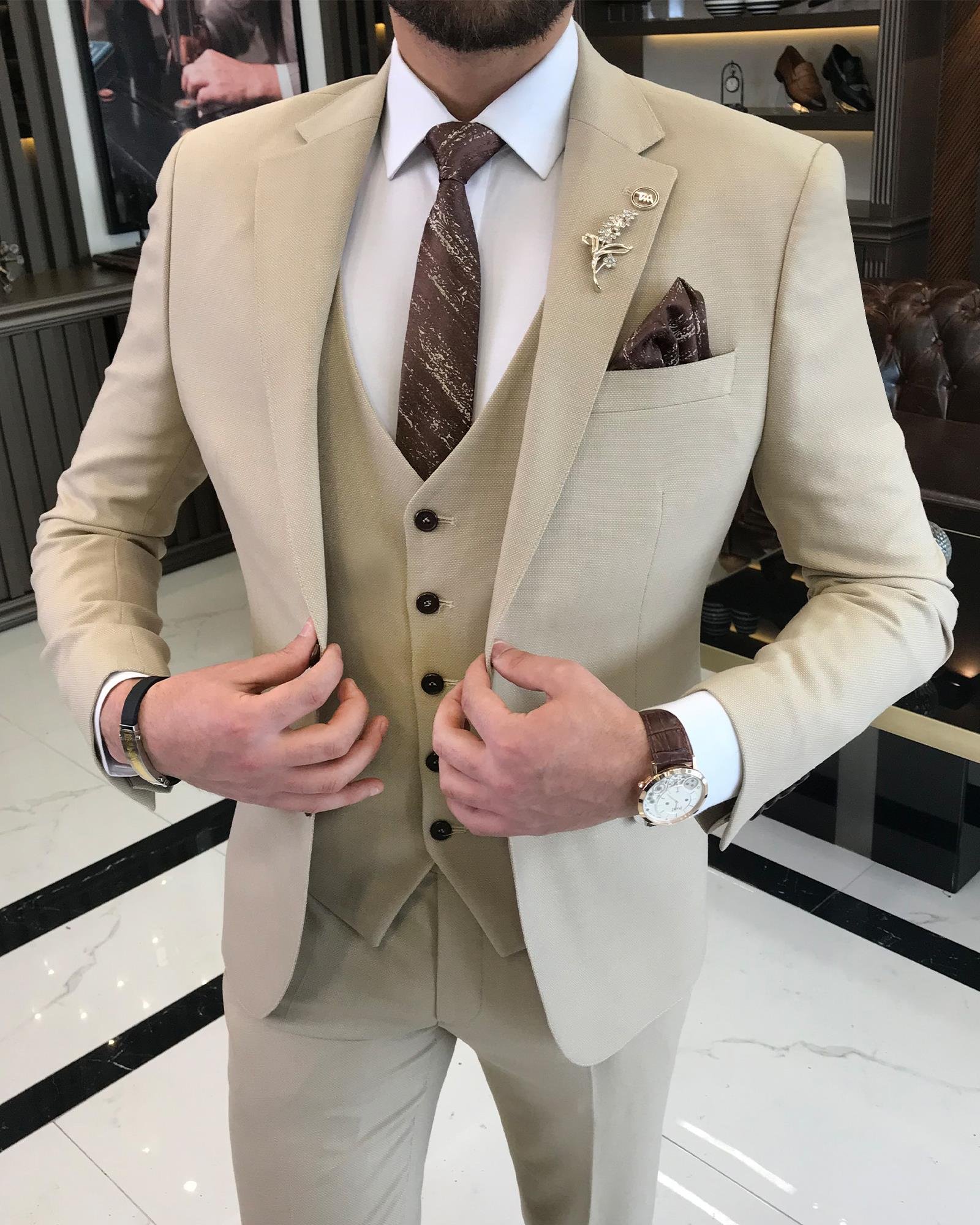 İtalyan stil slim fit yün karışımlı ceket yelek pantolon takım elbise bej T9362