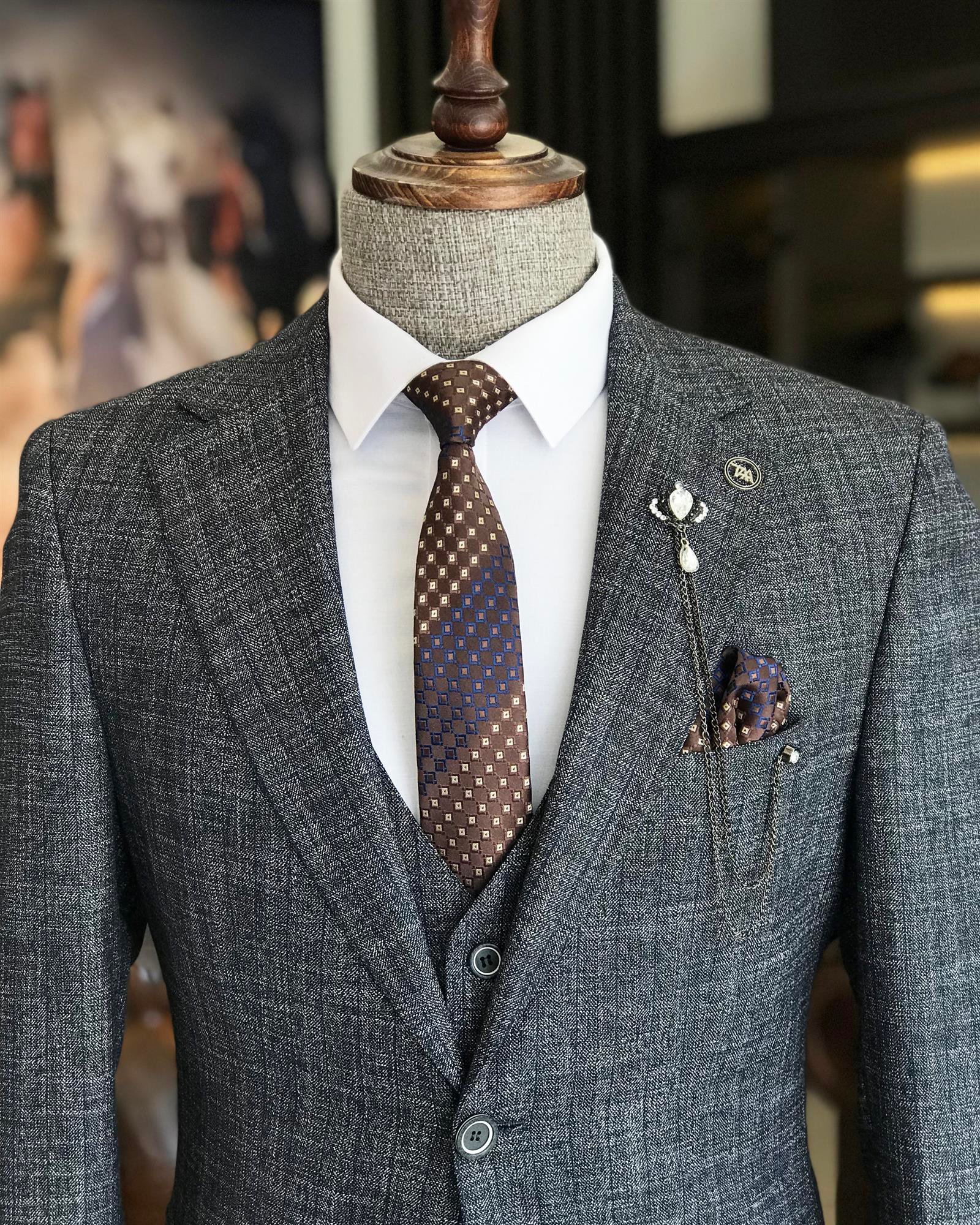 Italian style slim fit wool blend plaid jacket vest pant suit navy blue T9356