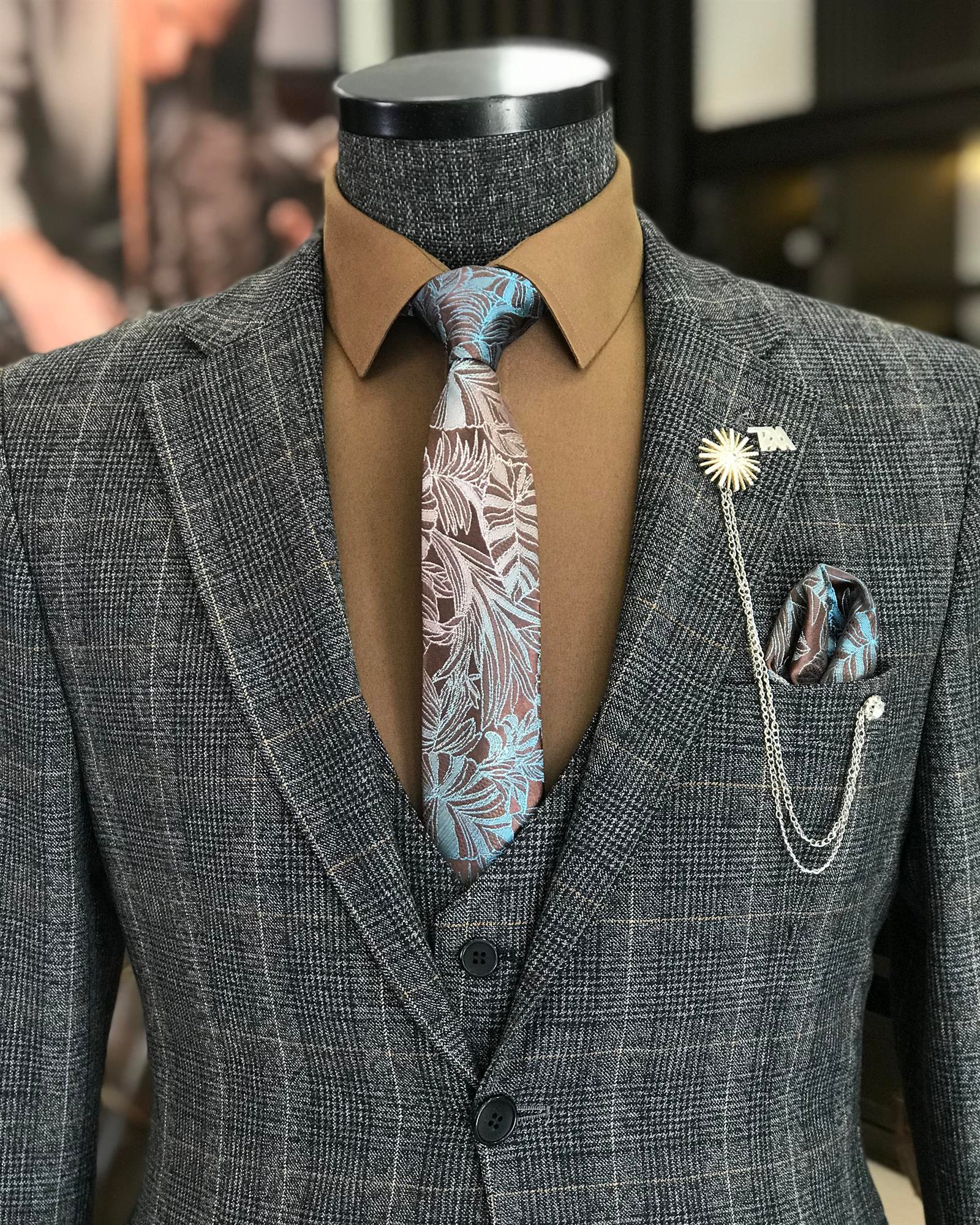 İtalyan stil slim fit yün karışımlı ekose ceket yelek pantolon takım elbise siyah T9848