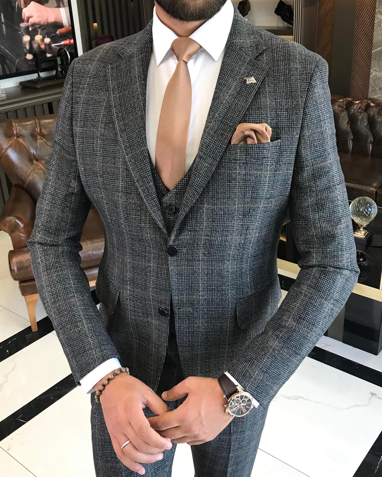 İtalyan stil slim fit yün karışımlı ekose ceket yelek pantolon takım elbise siyah T9848
