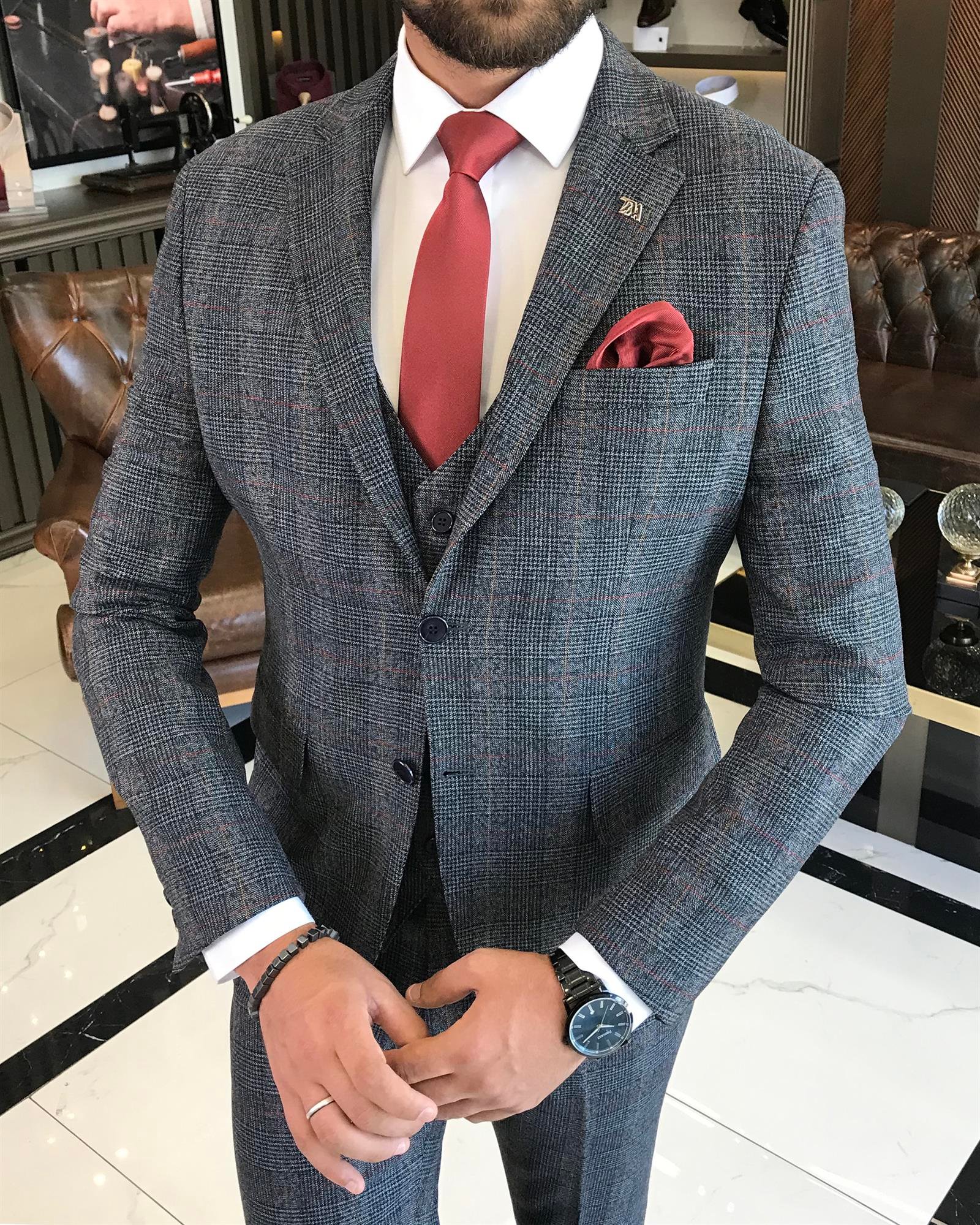 İtalyan stil slim fit yün karışımlı ekose ceket yelek pantolon takım elbise lacivert T9847