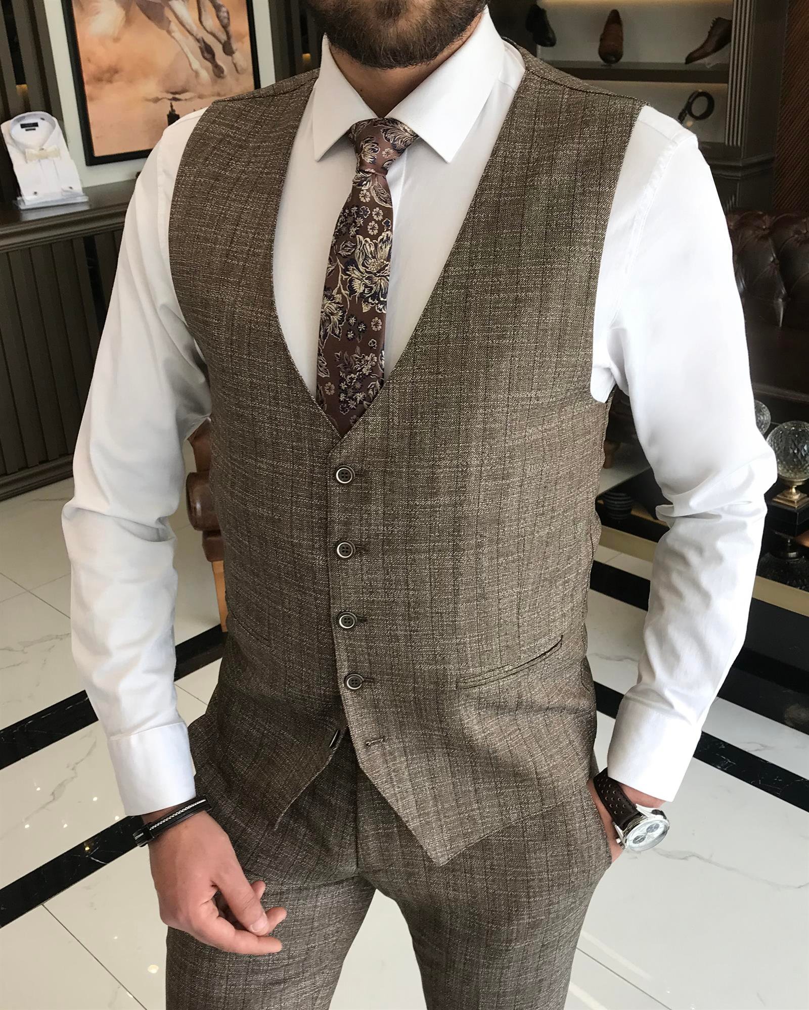 Italian style slim fit wool blended plaid jacket vest pant suit camel T9355