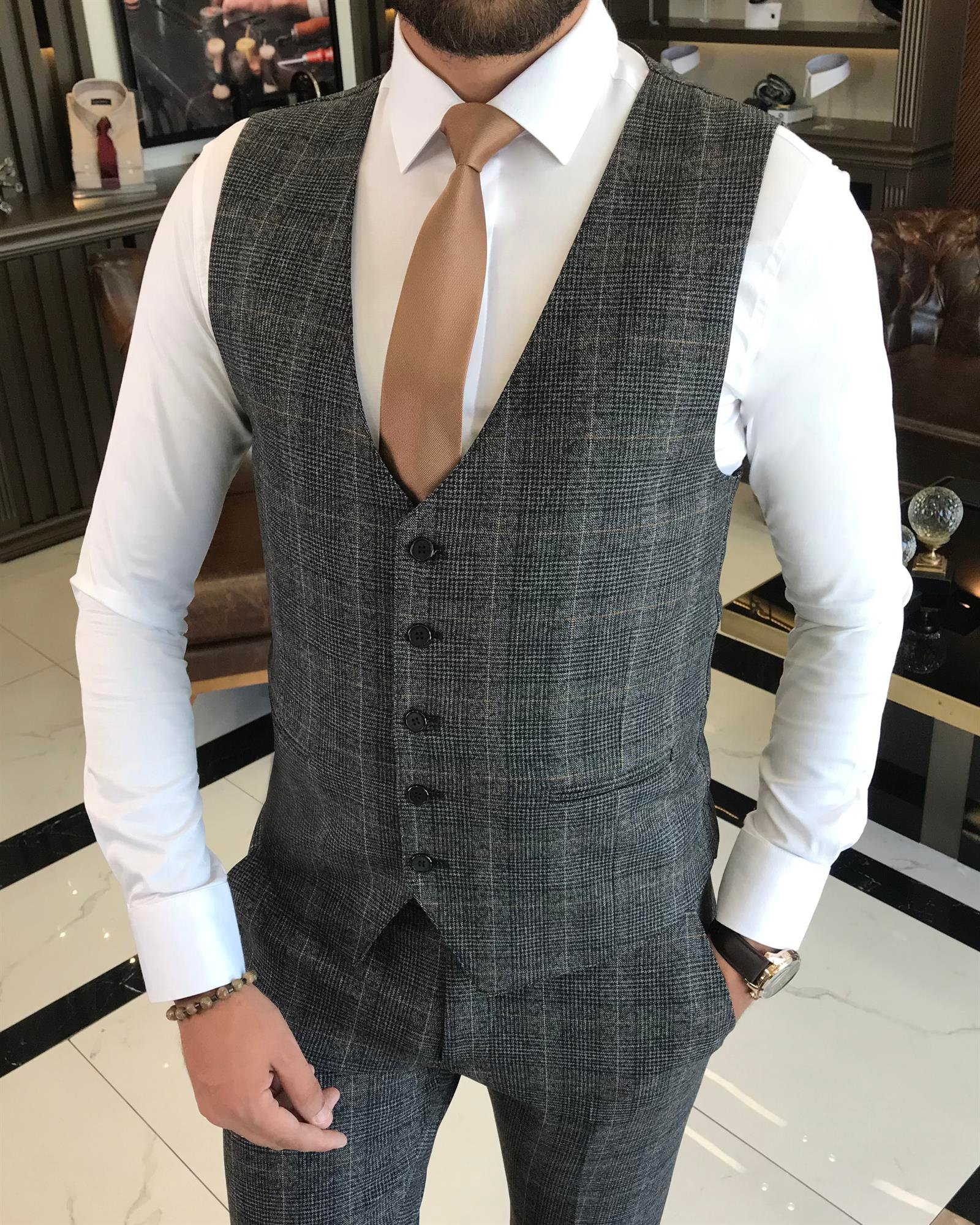 İtalyan stil slim fit yün karışımlı ekose ceket yelek pantolon takım elbise siyah T9848