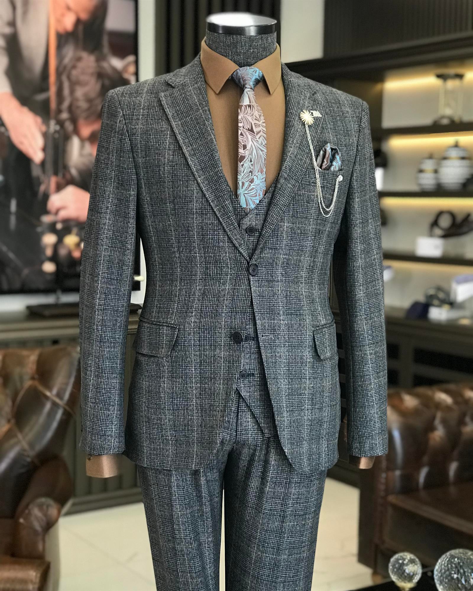 İtalyan stil slim fit yün karışımlı ekose ceket yelek pantolon takım elbise siyah T9848