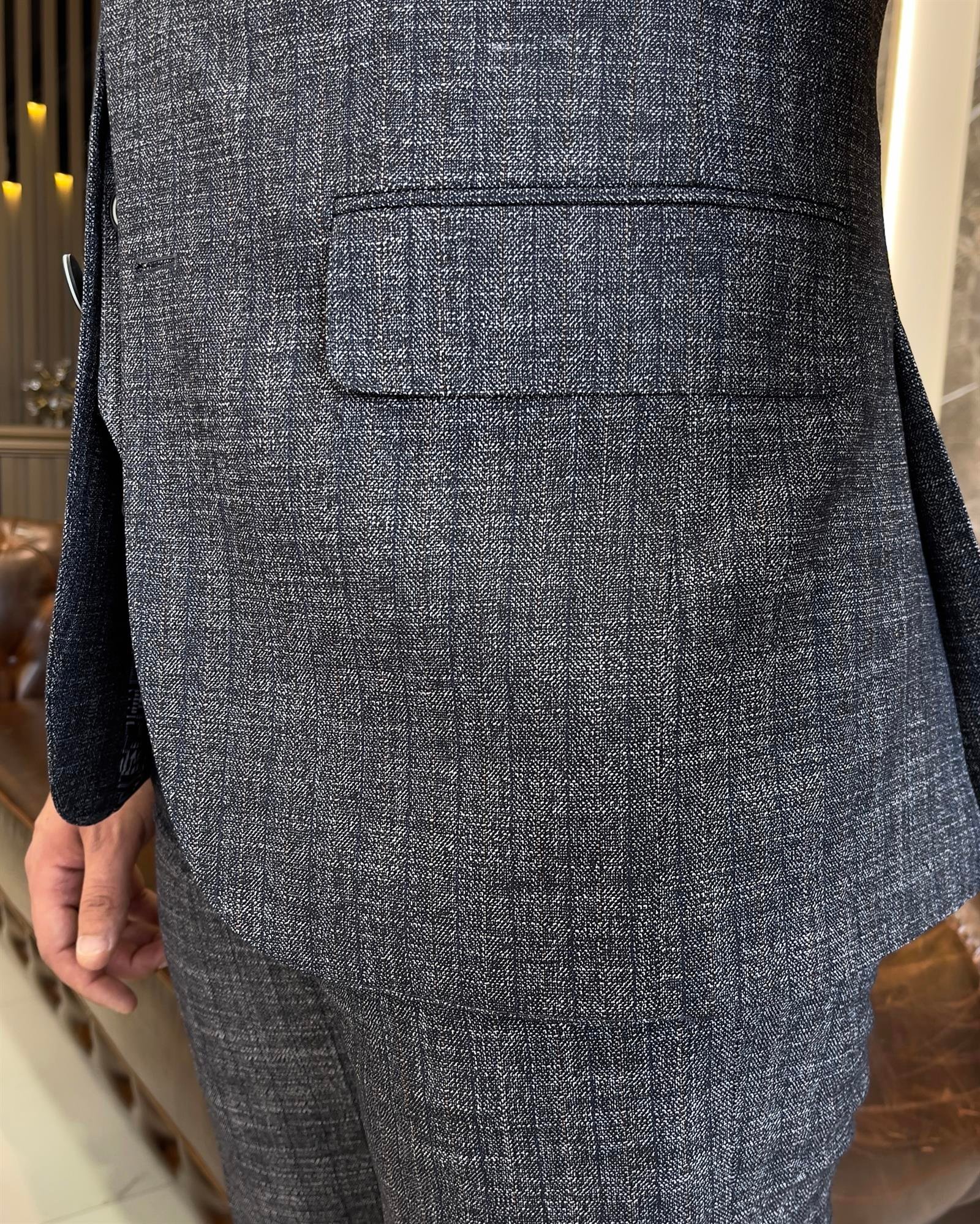 Italian style slim fit wool blend plaid jacket vest pant suit navy blue T9356