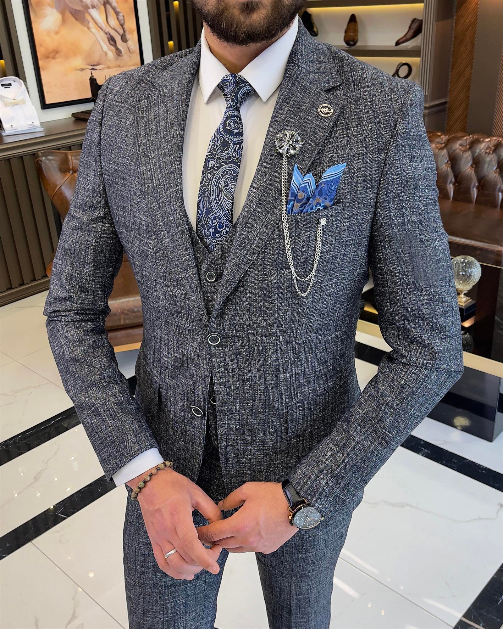 Italian style slim fit wool blend plaid jacket vest pant suit navy blue T9356