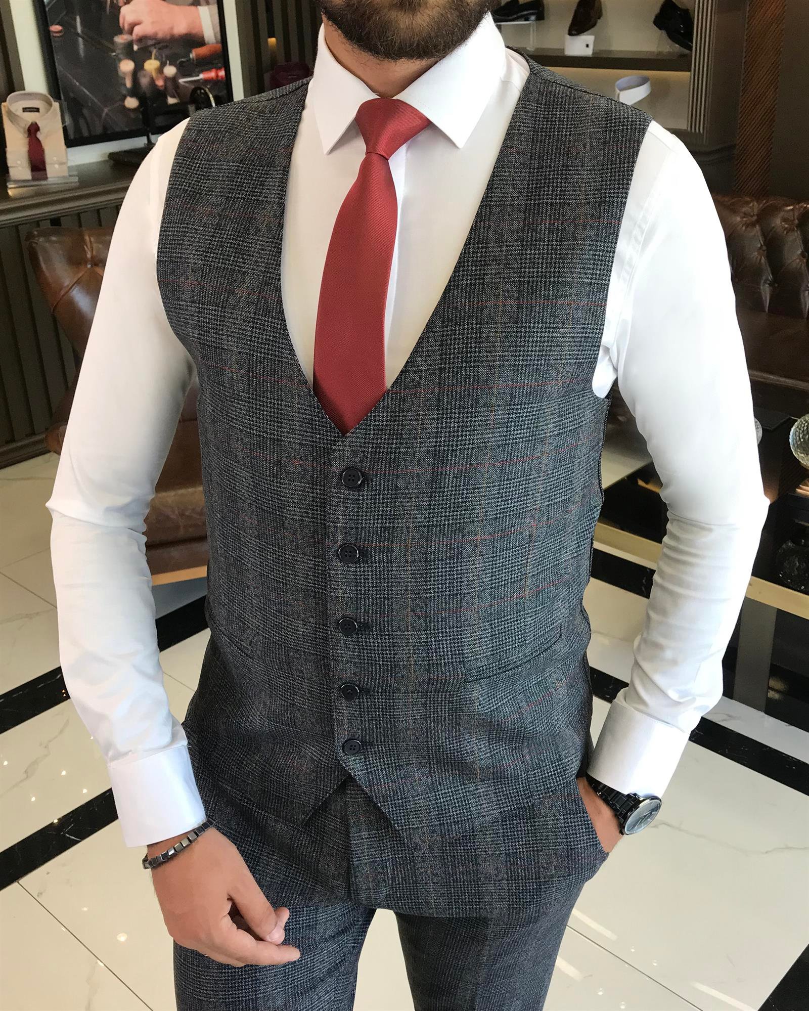 İtalyan stil slim fit yün karışımlı ekose ceket yelek pantolon takım elbise lacivert T9847