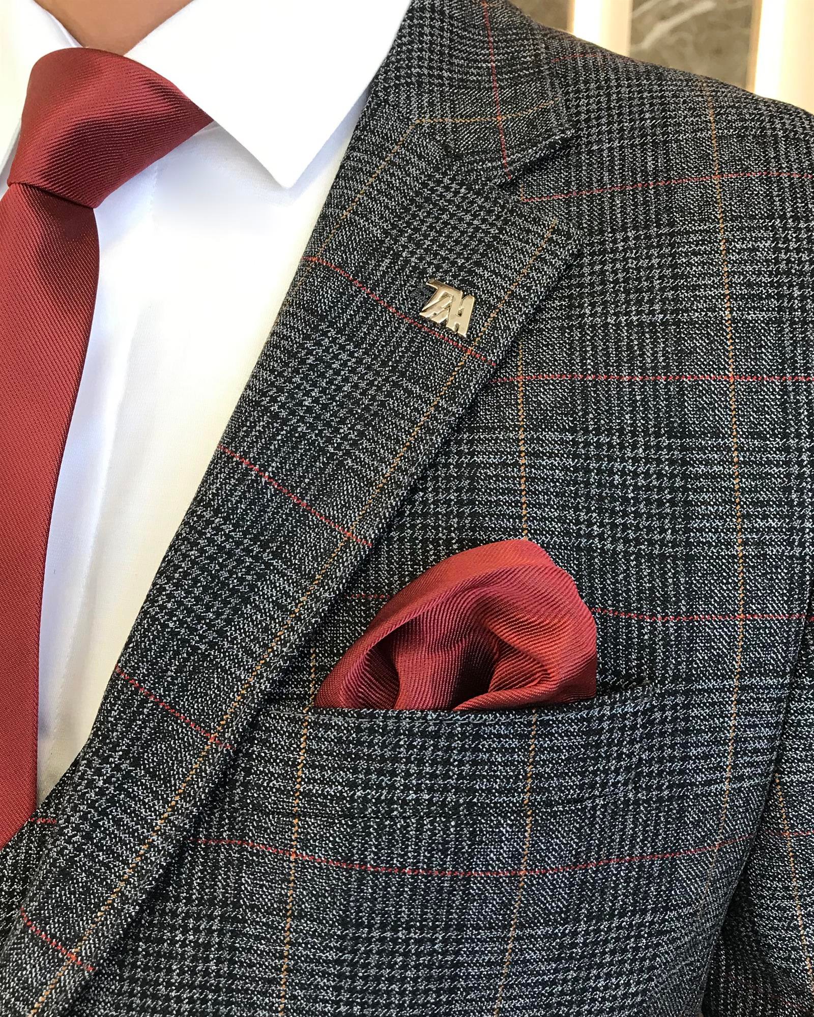 İtalyan stil slim fit yün karışımlı ekose ceket yelek pantolon takım elbise lacivert T9847