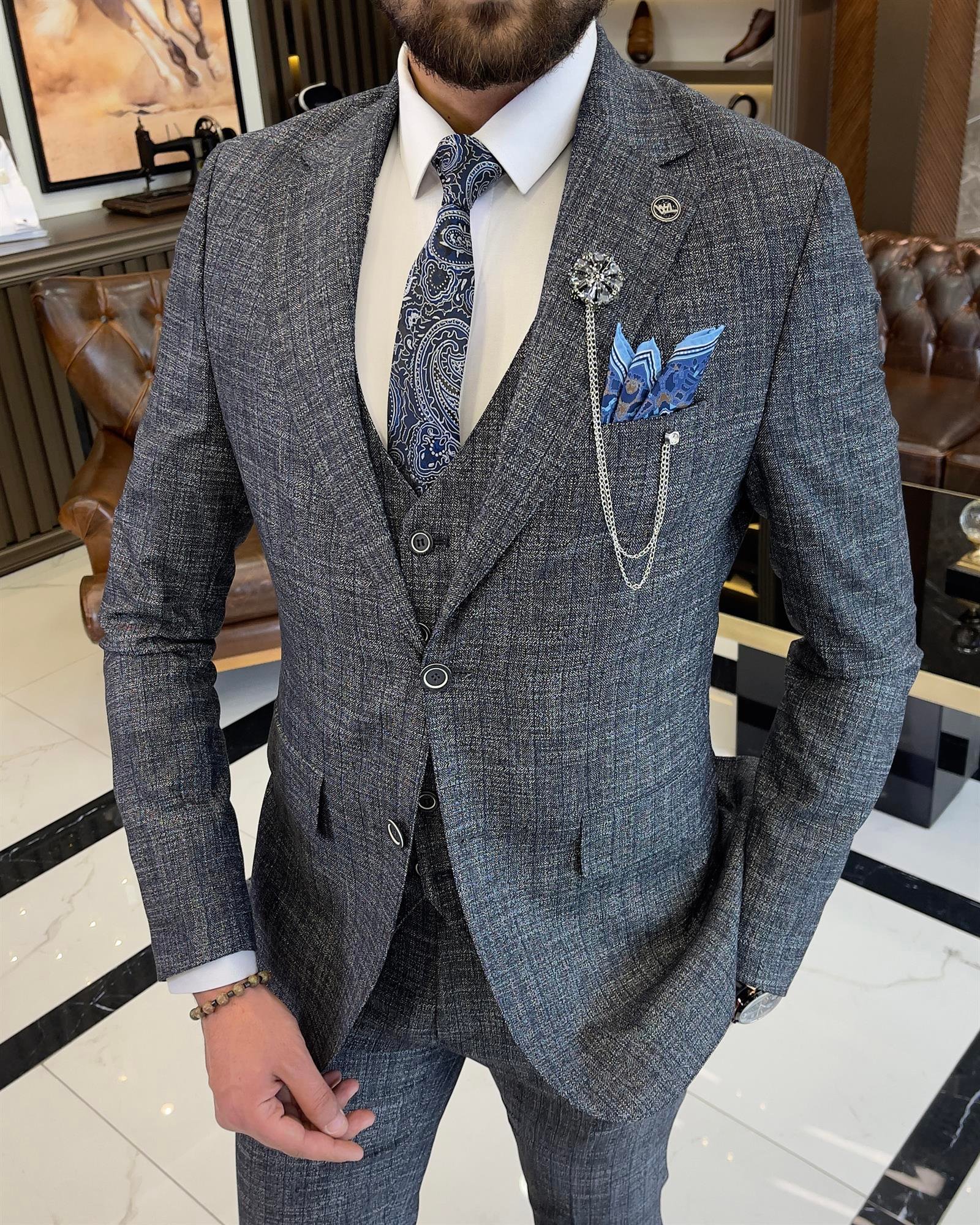 Italian style slim fit wool blend plaid jacket vest pant suit navy blue T9356