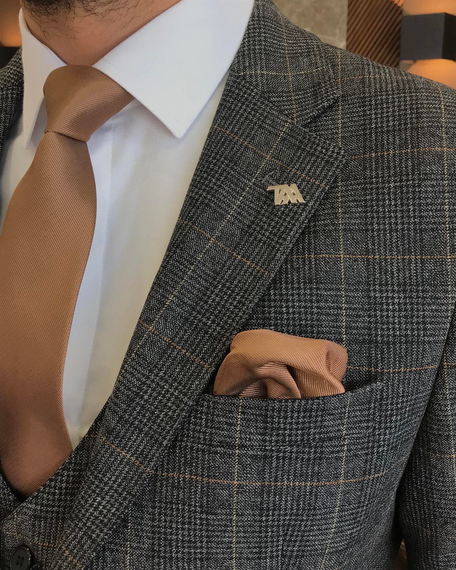 İtalyan stil slim fit yün karışımlı ekose ceket yelek pantolon takım elbise siyah T9848