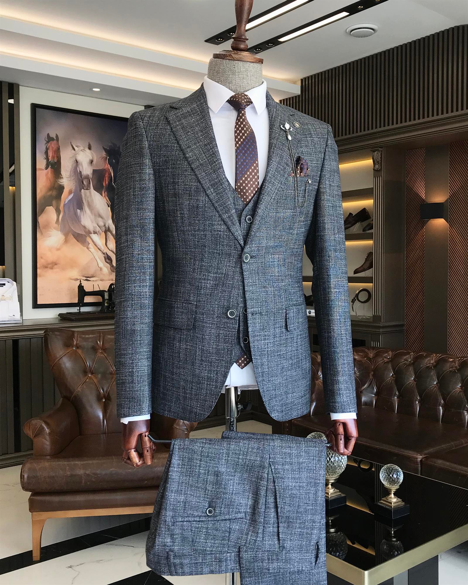 Italian style slim fit wool blend plaid jacket vest pant suit navy blue T9356