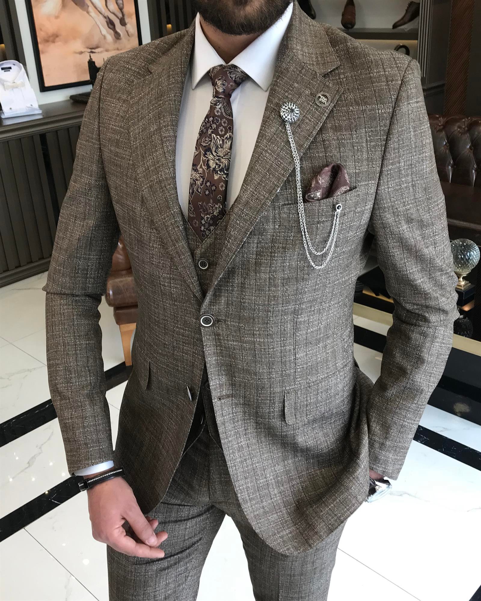 Italian style slim fit wool blended plaid jacket vest pant suit camel T9355