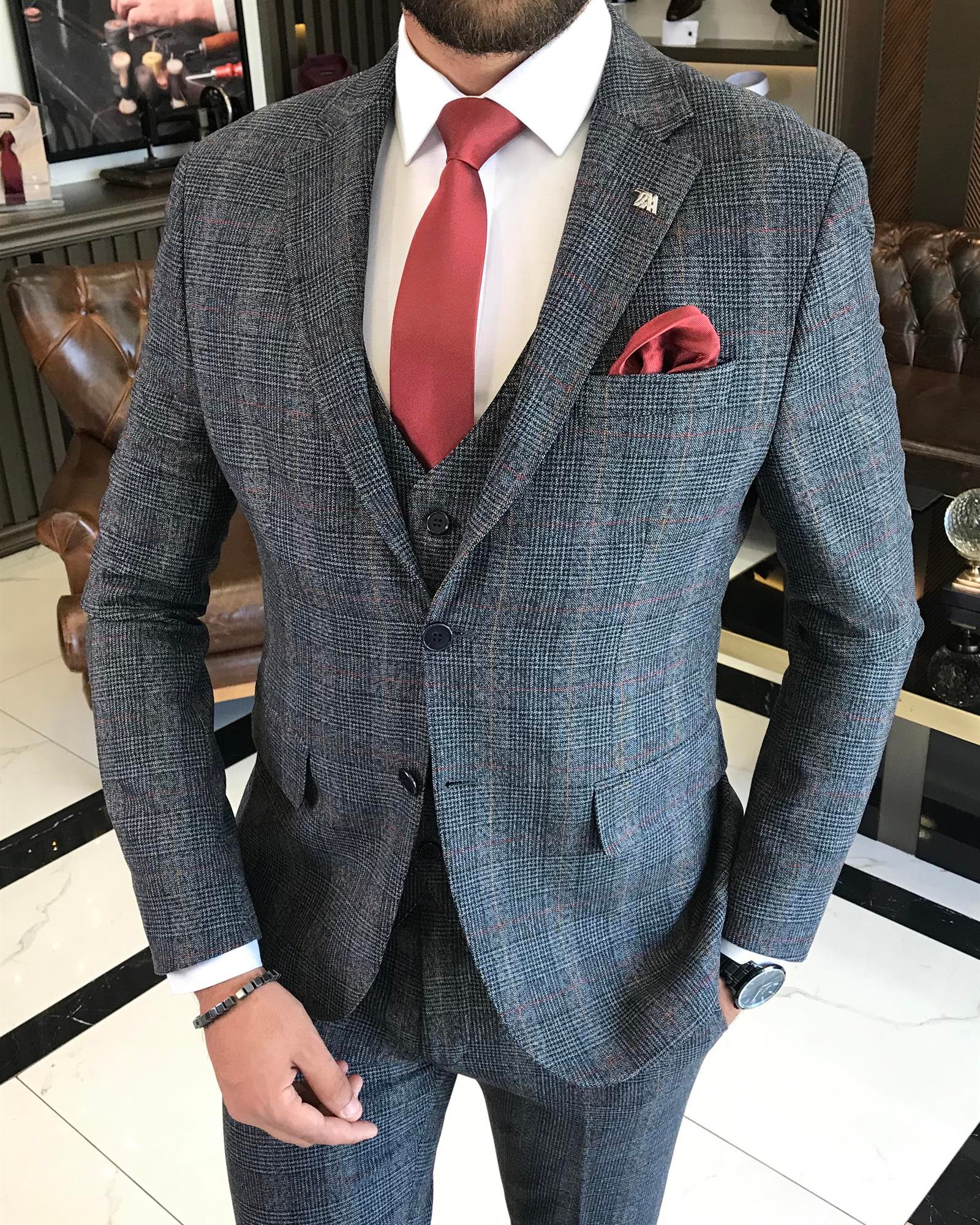 İtalyan stil slim fit yün karışımlı ekose ceket yelek pantolon takım elbise lacivert T9847