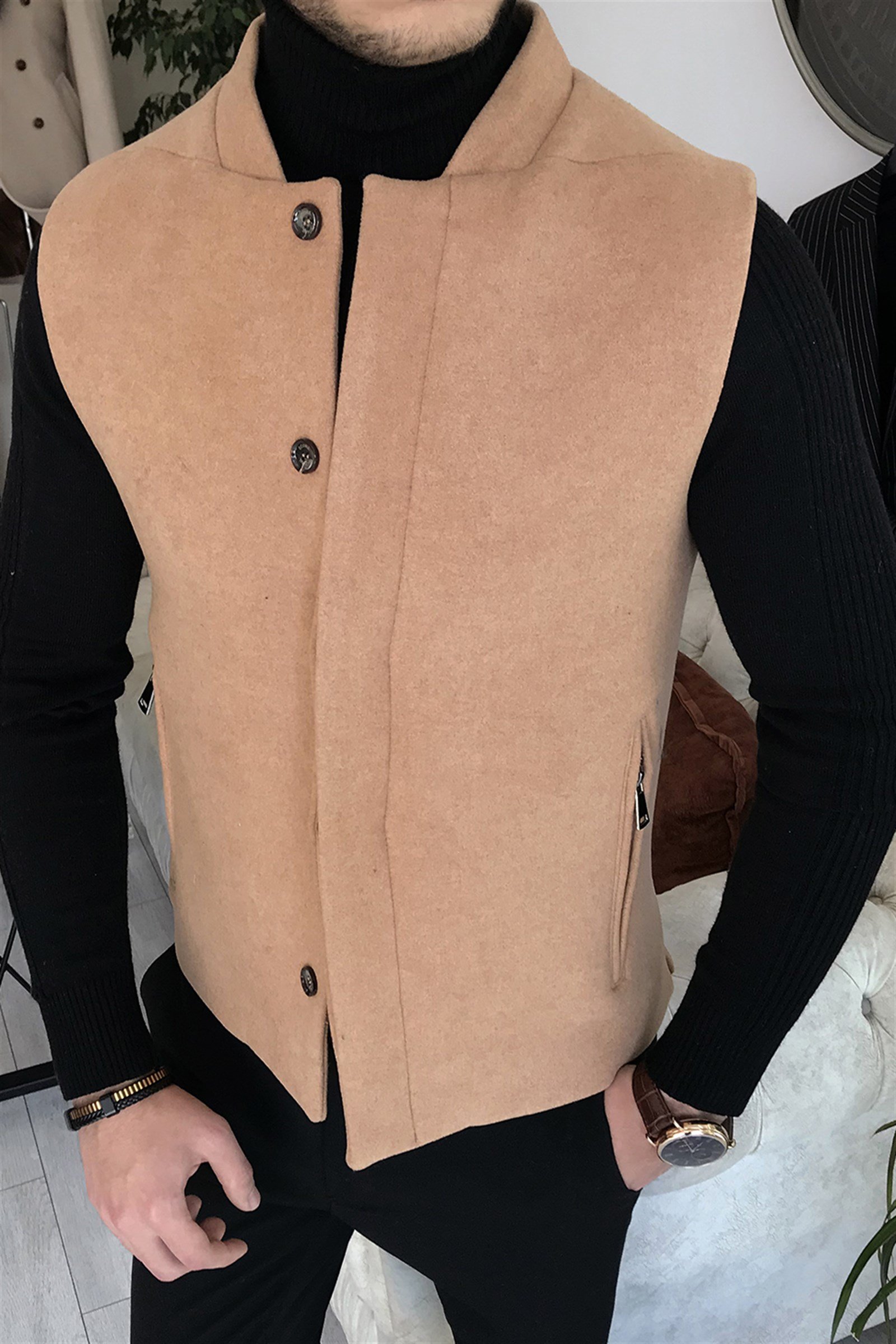 İtalyan stil slim fit yün karışımlı hakim yaka cepken yelek Camel T8337