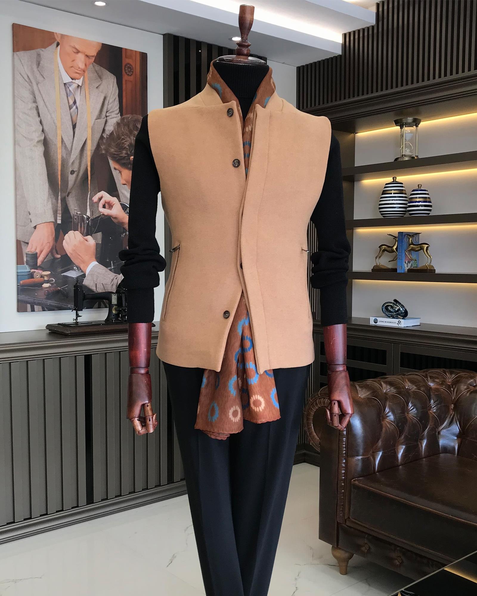 Italian Style Slim Fit Wool Mixed Judge Collar Waistcoat Camel T8337