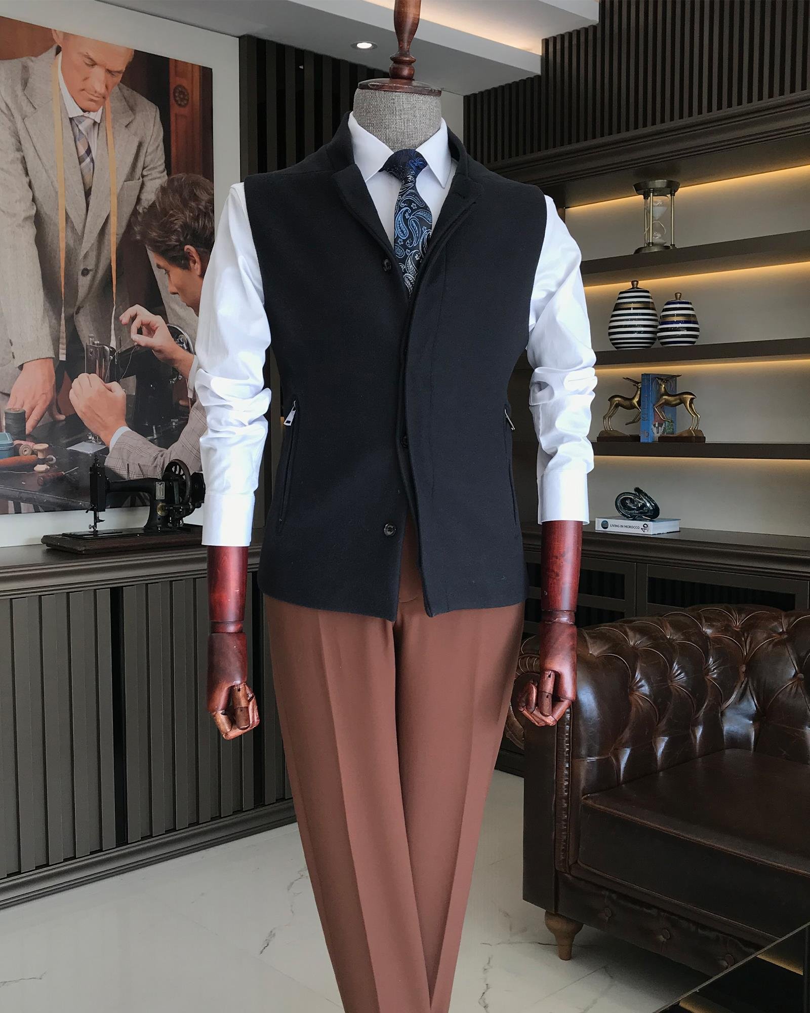 Italian Style Slim Fit Wool Mixture Judge Collar Waistcoat Navy Blue T8340