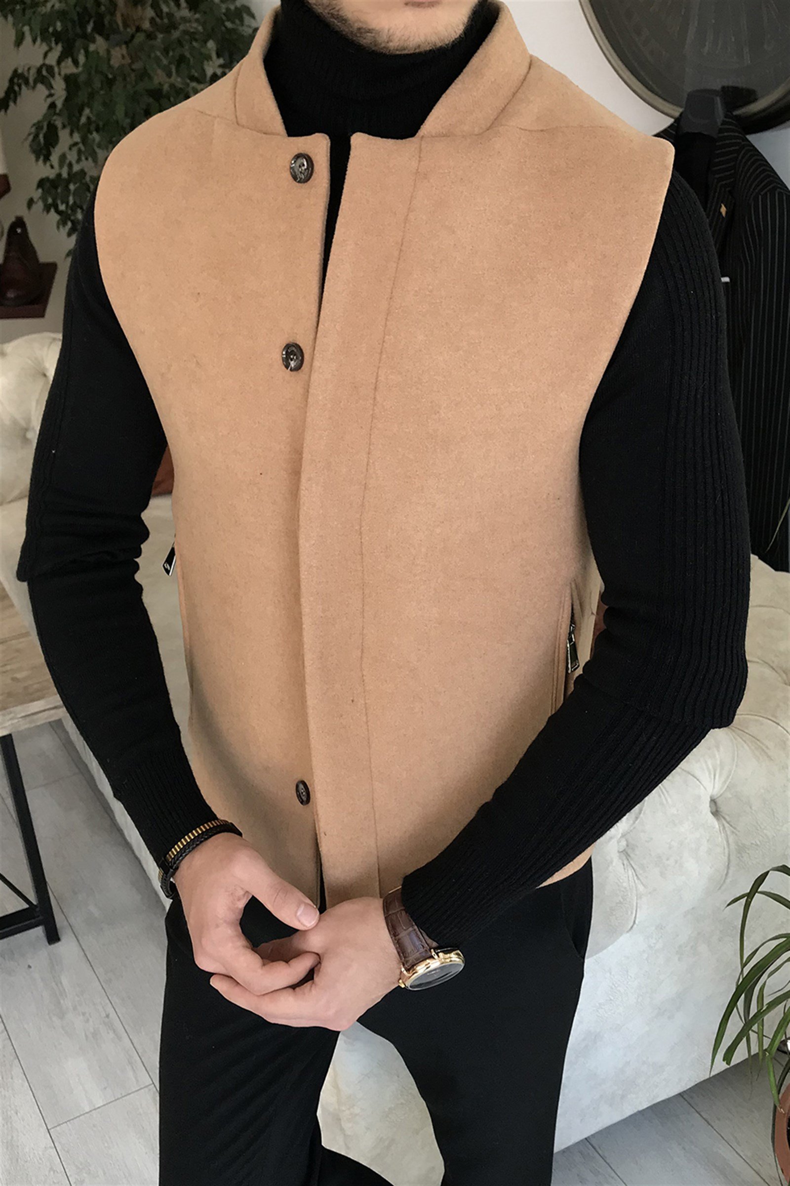 İtalyan stil slim fit yün karışımlı hakim yaka cepken yelek Camel T8337