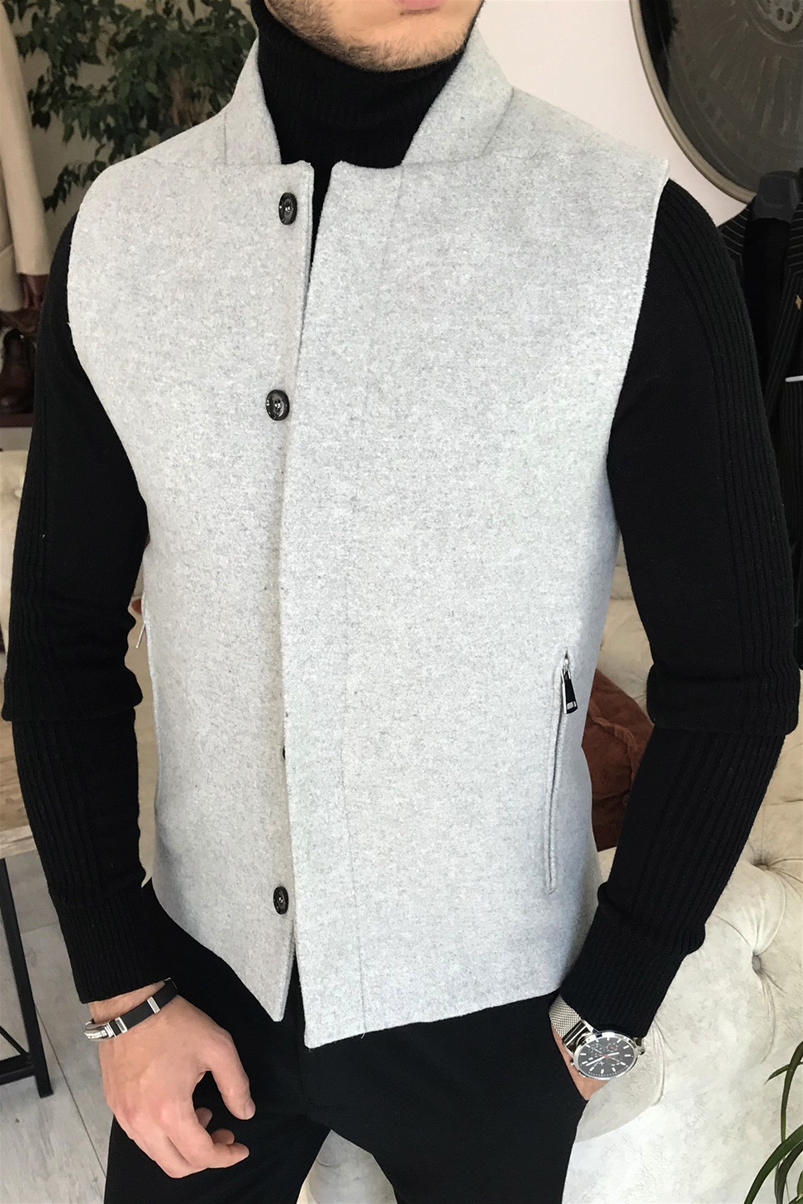 İtalyan stil slim fit yün karışımlı hakim yaka cepken yelek Gri T8336