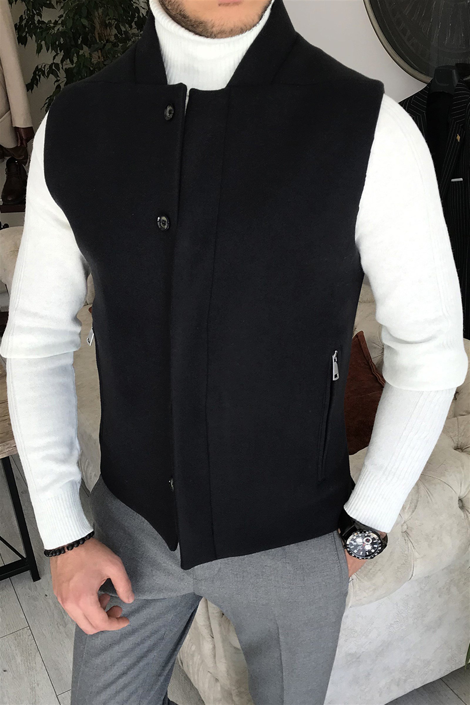 İtalyan stil slim fit yün karışımlı hakim yaka cepken yelek Lacivert T8340