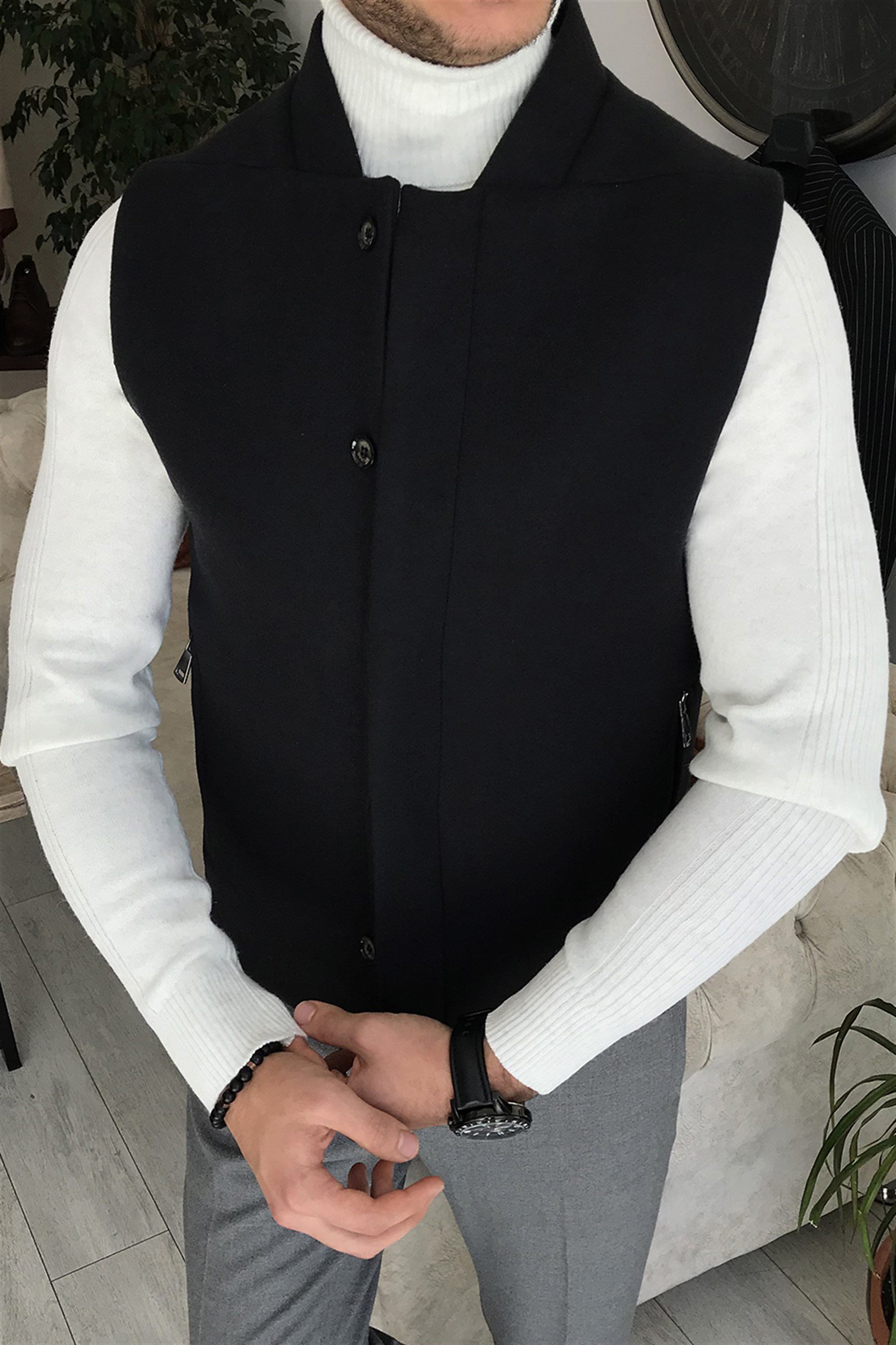 İtalyan stil slim fit yün karışımlı hakim yaka cepken yelek Lacivert T8340