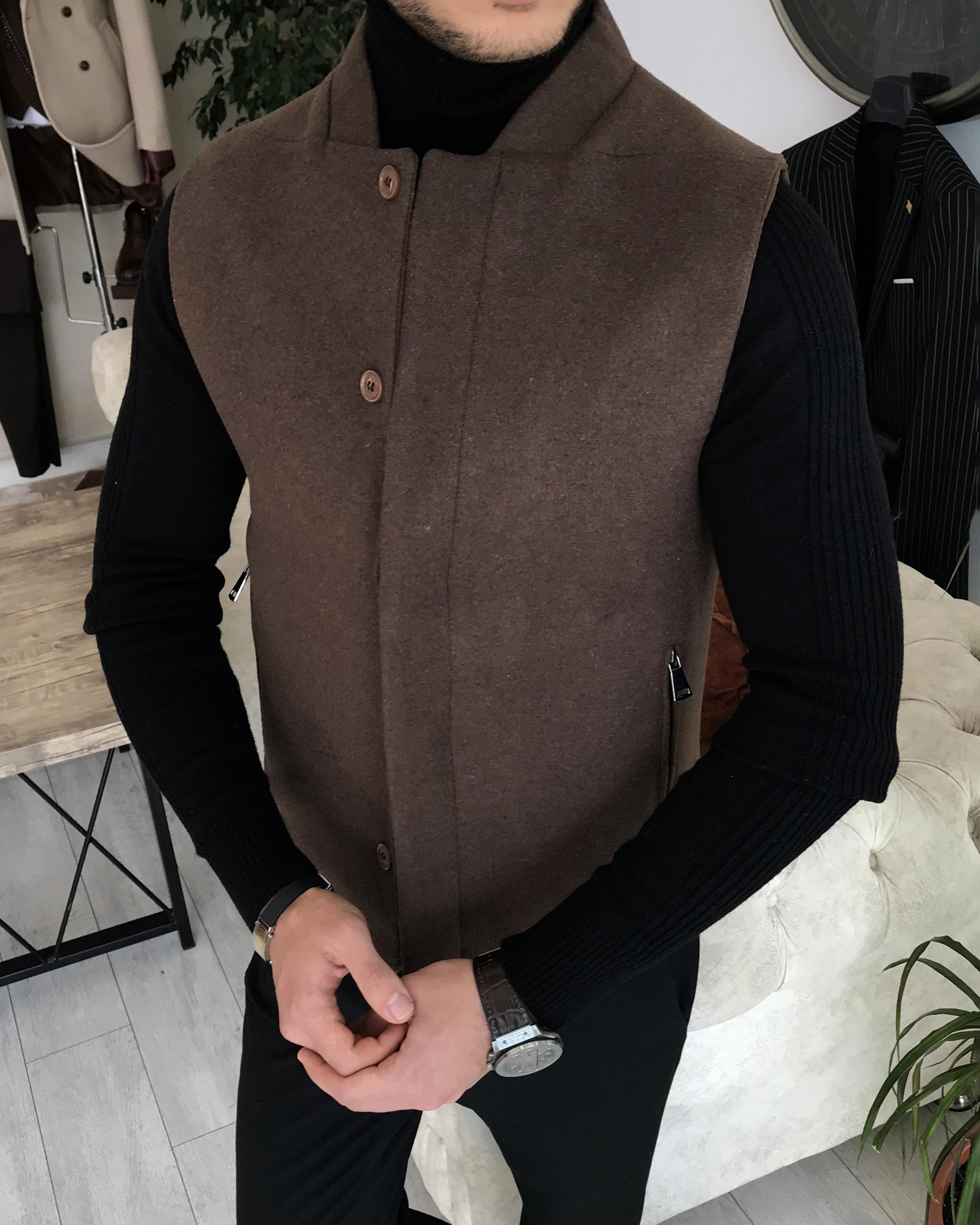 Italian Style Slim Fit Wool Mixture Judge Collar Waistcoat Brown T8338