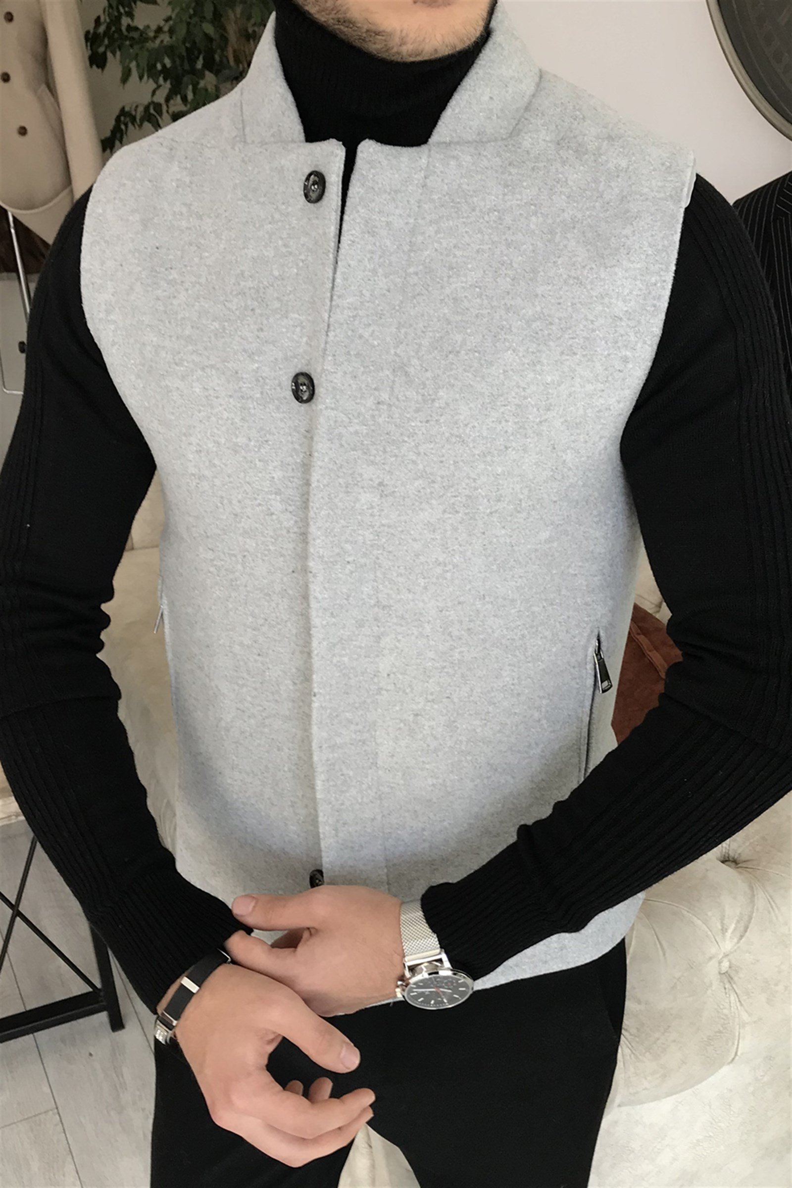 İtalyan stil slim fit yün karışımlı hakim yaka cepken yelek Gri T8336