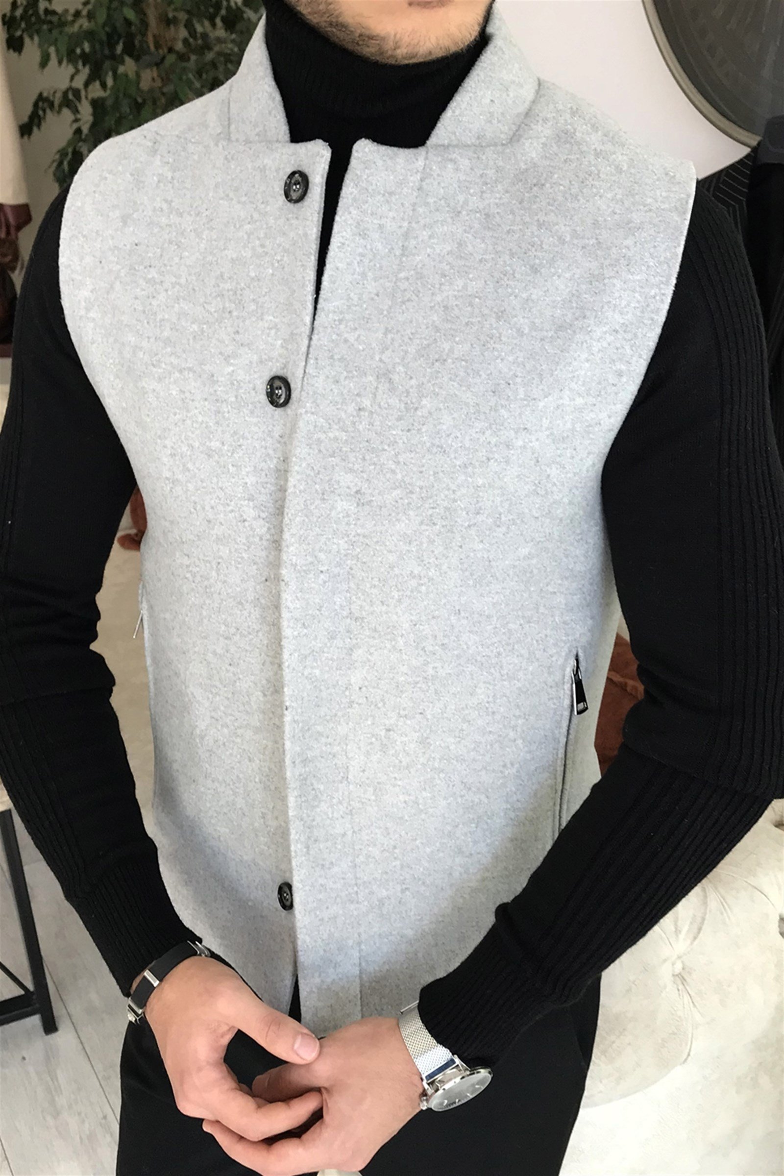 İtalyan stil slim fit yün karışımlı hakim yaka cepken yelek Gri T8336