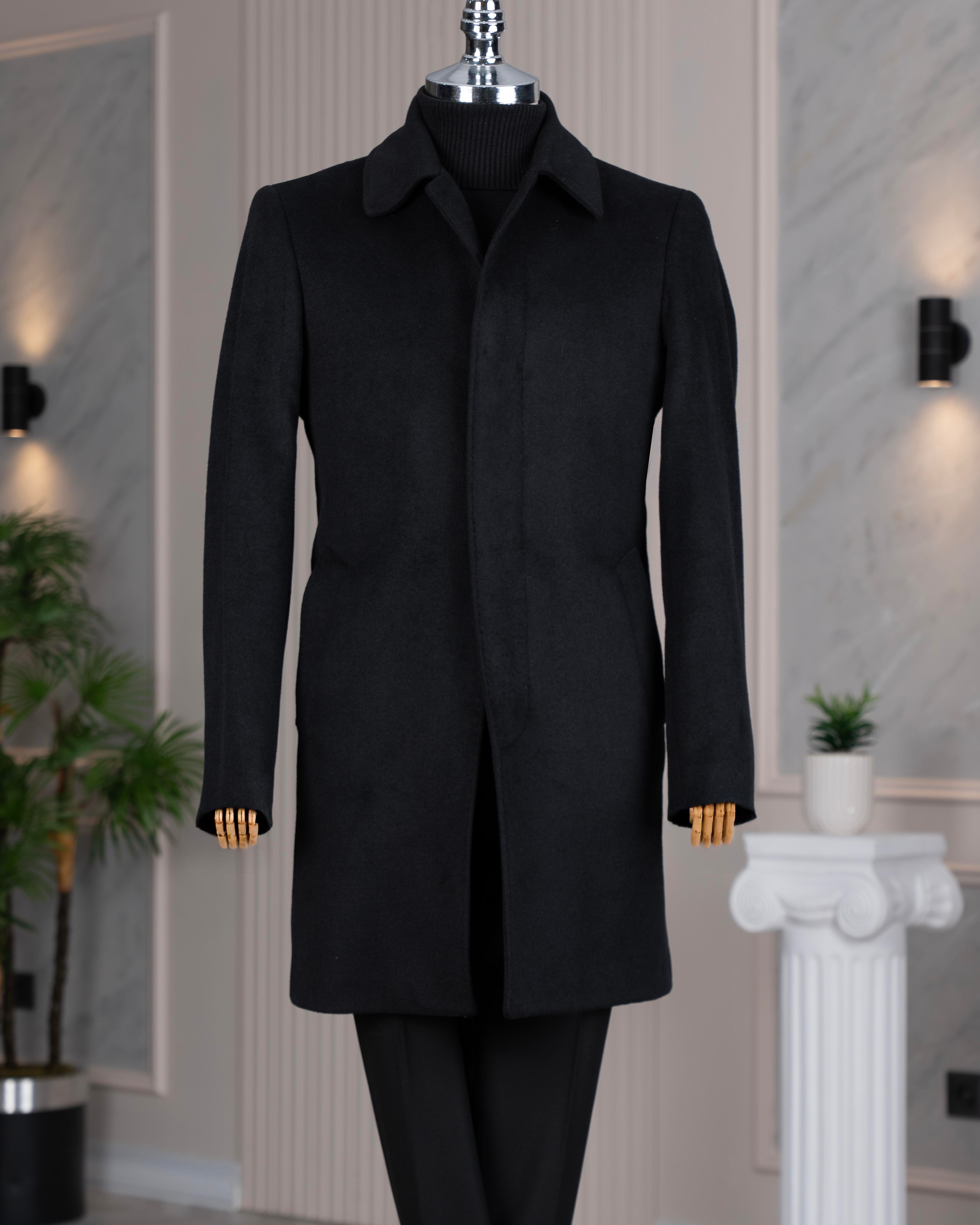 İtalyan stil slim fit yün karışımlı kaşe erkek kaban siyah T14683