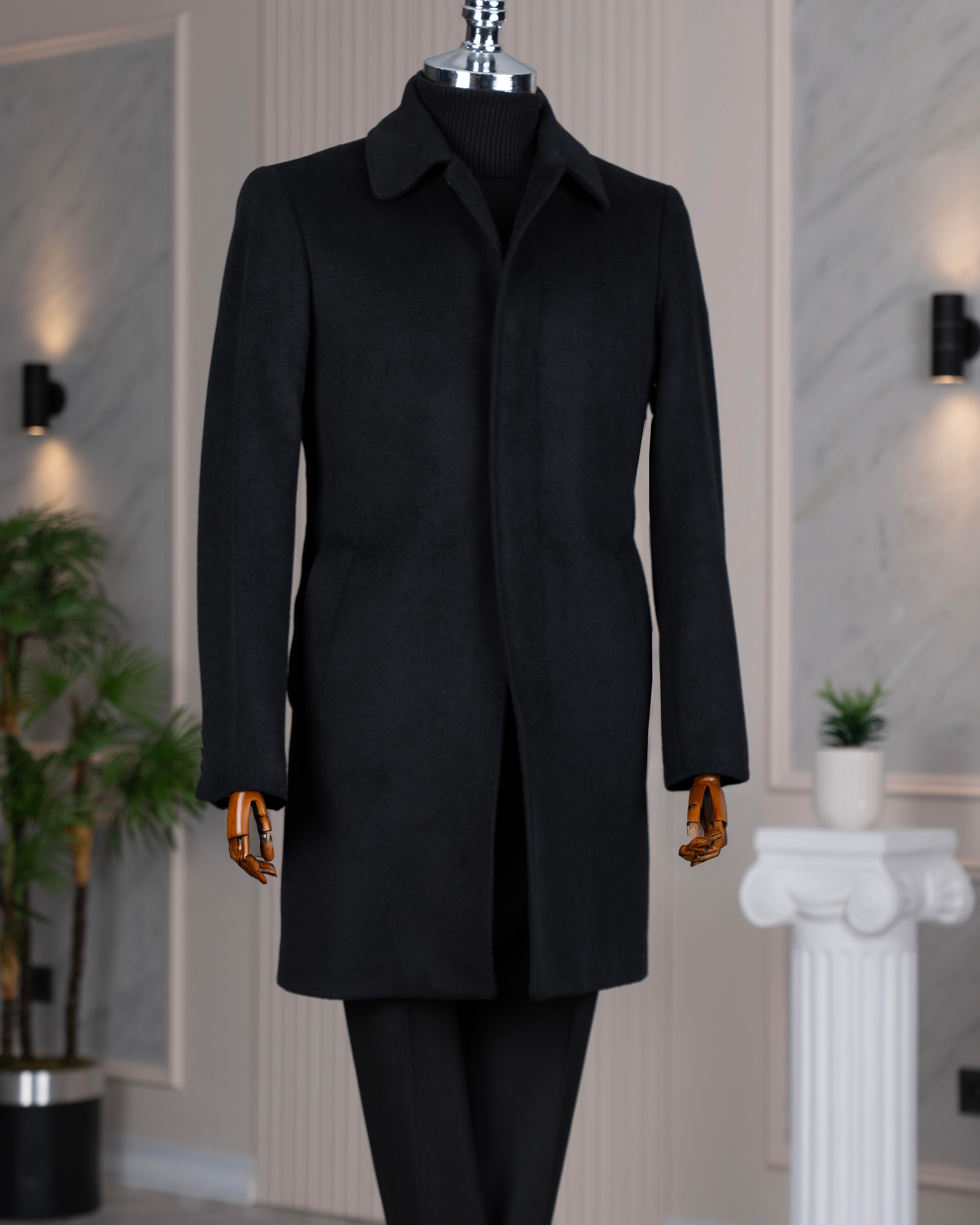 İtalyan stil slim fit yün karışımlı kaşe erkek kaban siyah T14683