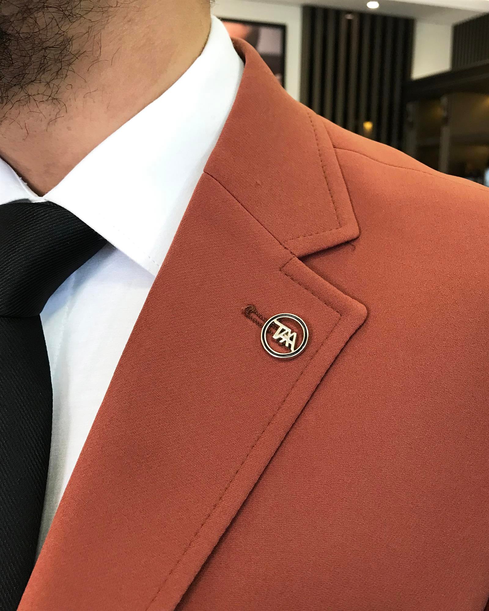 italyan stil slim fit yün karışımlı likralı safari ceket pantolon takım elbise kiremit T9590