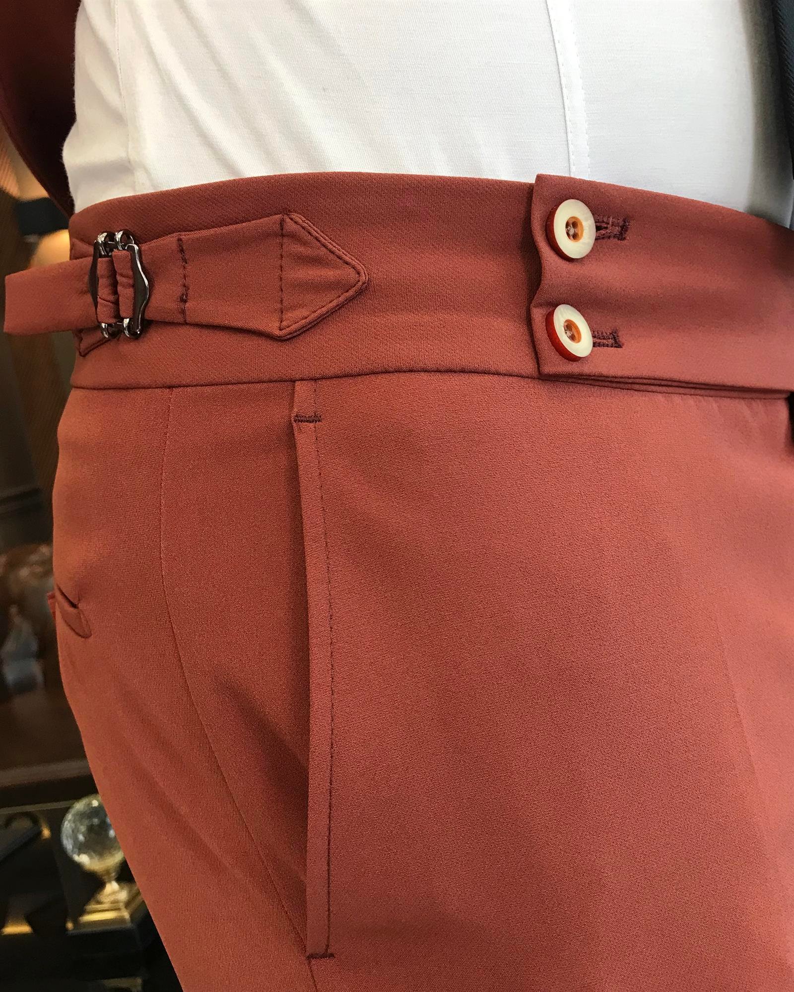 italyan stil slim fit yün karışımlı likralı safari ceket pantolon takım elbise kiremit T9590