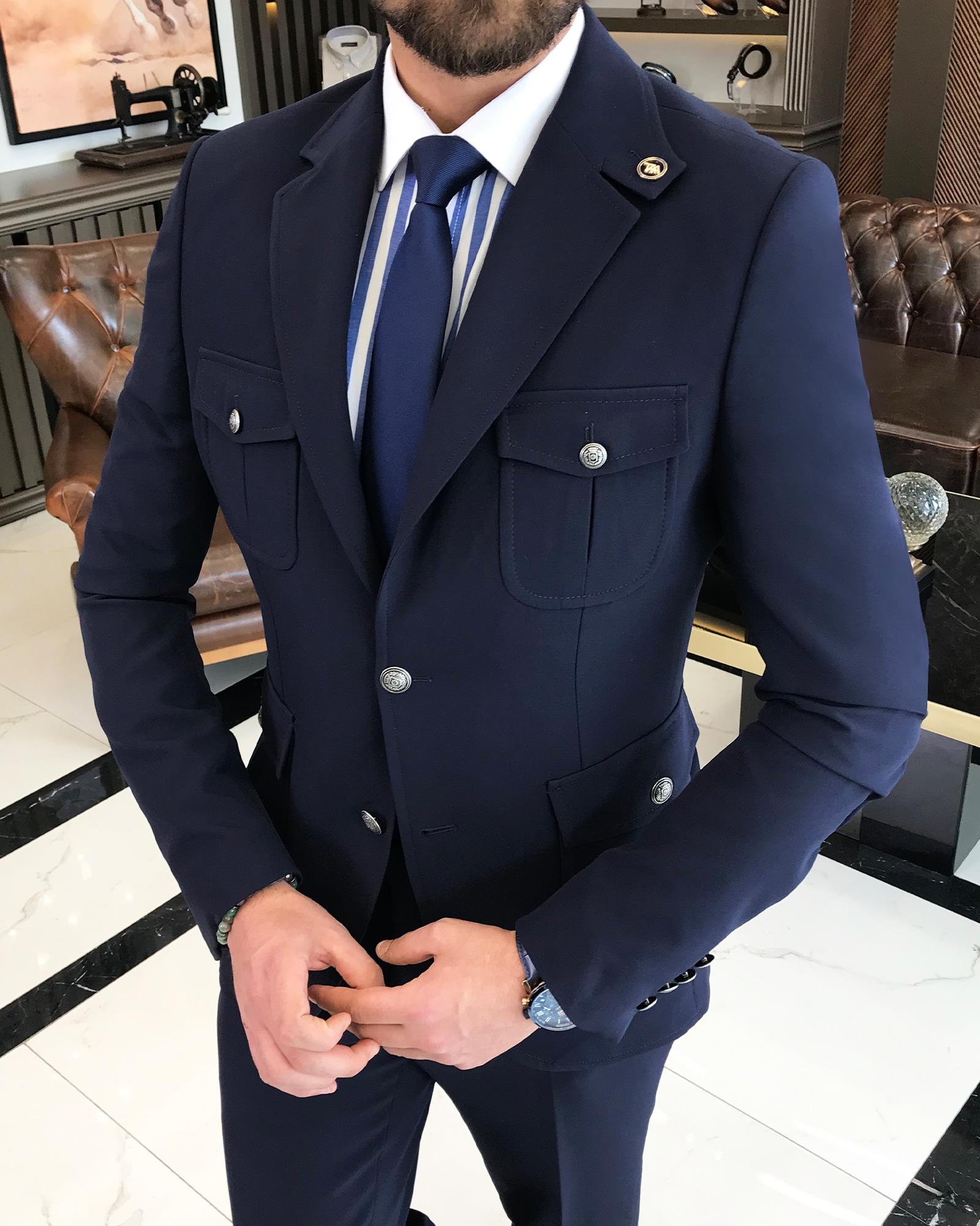 italyan stil slim fit yün karışımlı likralı safari ceket pantolon takım elbise lacivert T9582