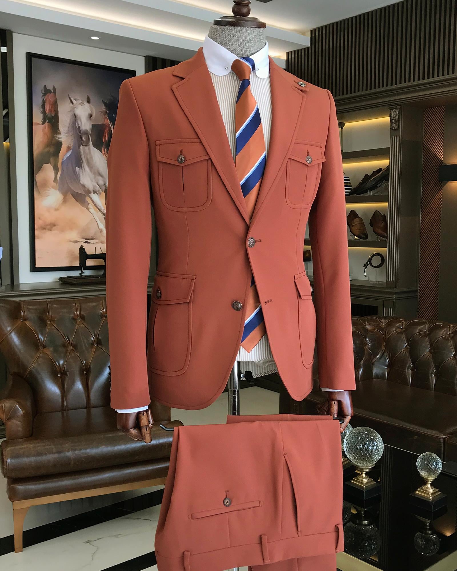 Italian style slim fit wool blend lycra safari jacket pants suit