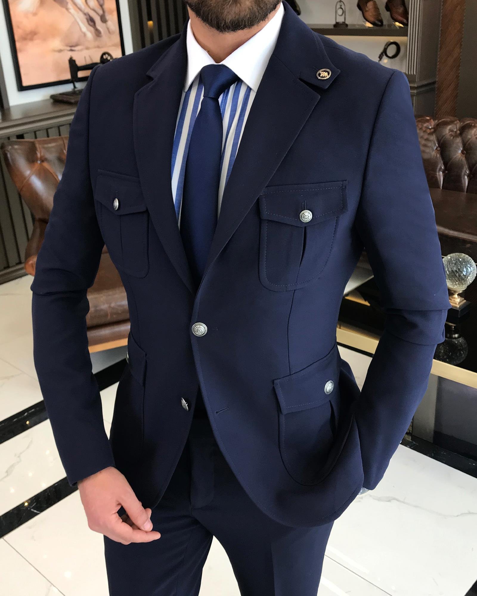 italyan stil slim fit yün karışımlı likralı safari ceket pantolon takım elbise lacivert T9582