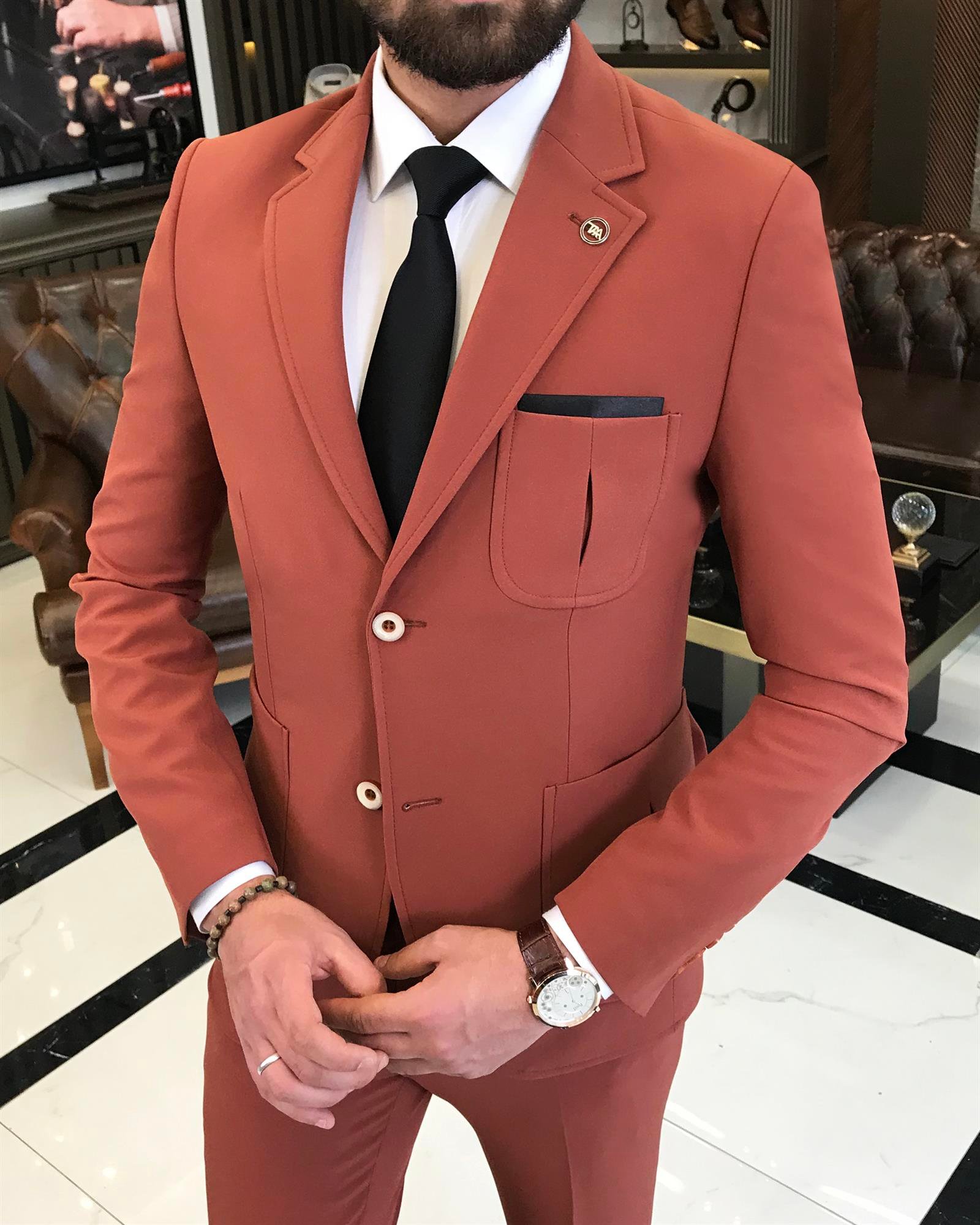 italyan stil slim fit yün karışımlı likralı safari ceket pantolon takım elbise kiremit T9590