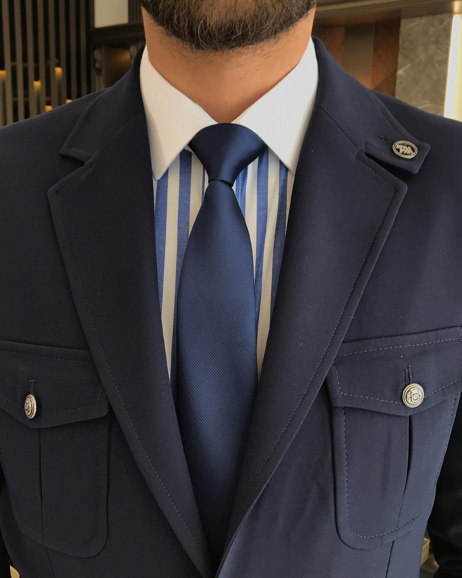 italyan stil slim fit yün karışımlı likralı safari ceket pantolon takım elbise lacivert T9582