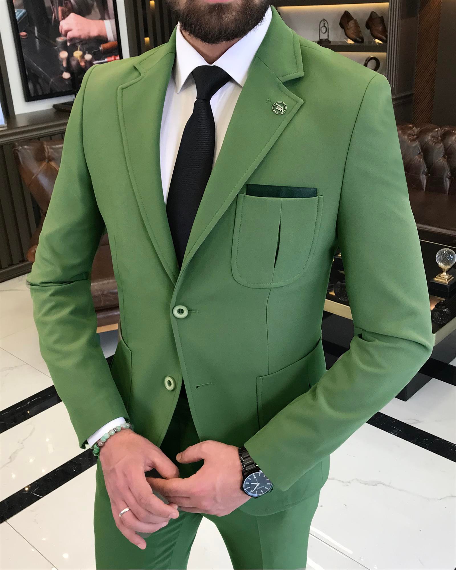 italyan stil slim fit yün karışımlı likralı safari ceket pantolon takım elbise yeşil T9583