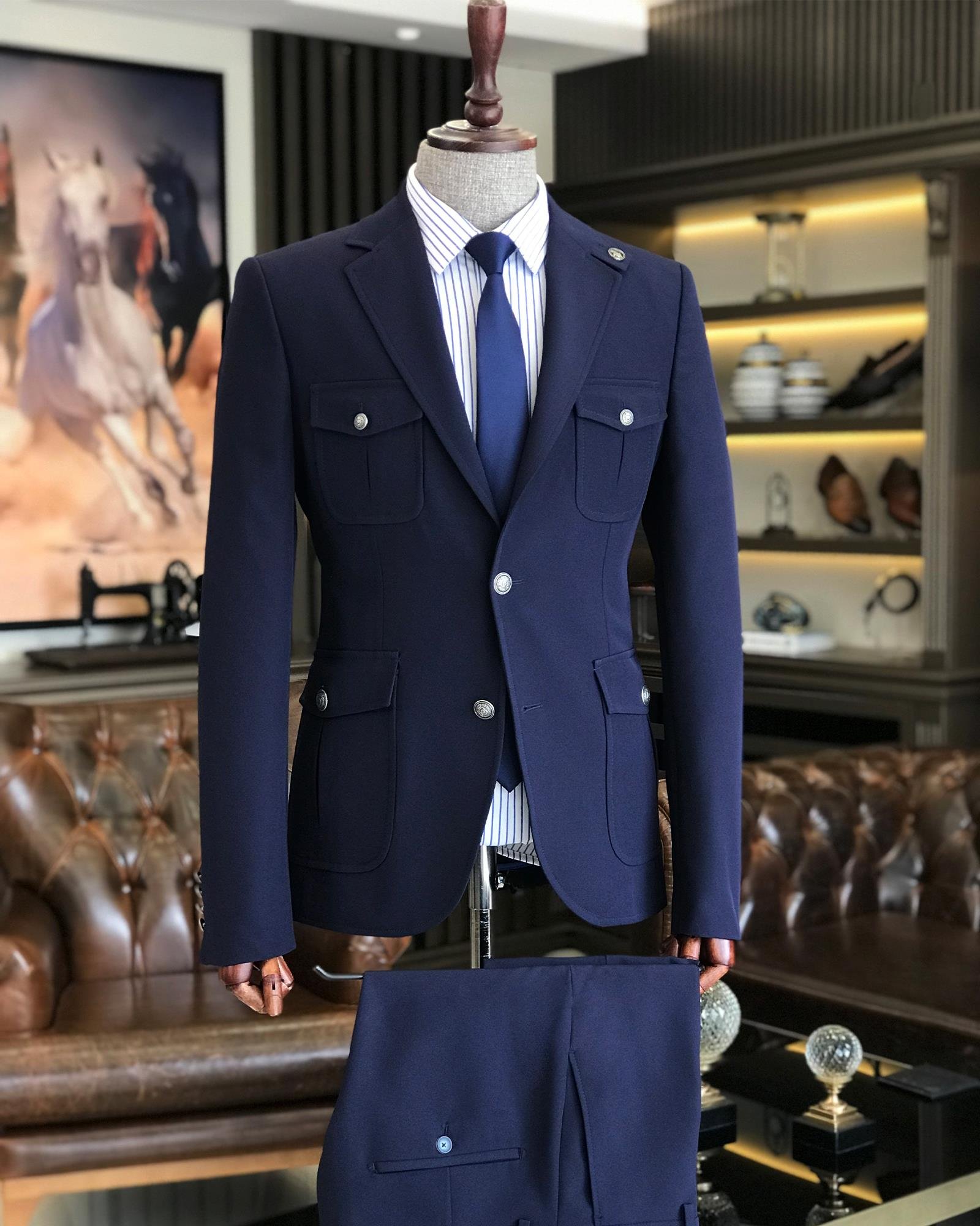 italyan stil slim fit yün karışımlı likralı safari ceket pantolon takım elbise lacivert T9582