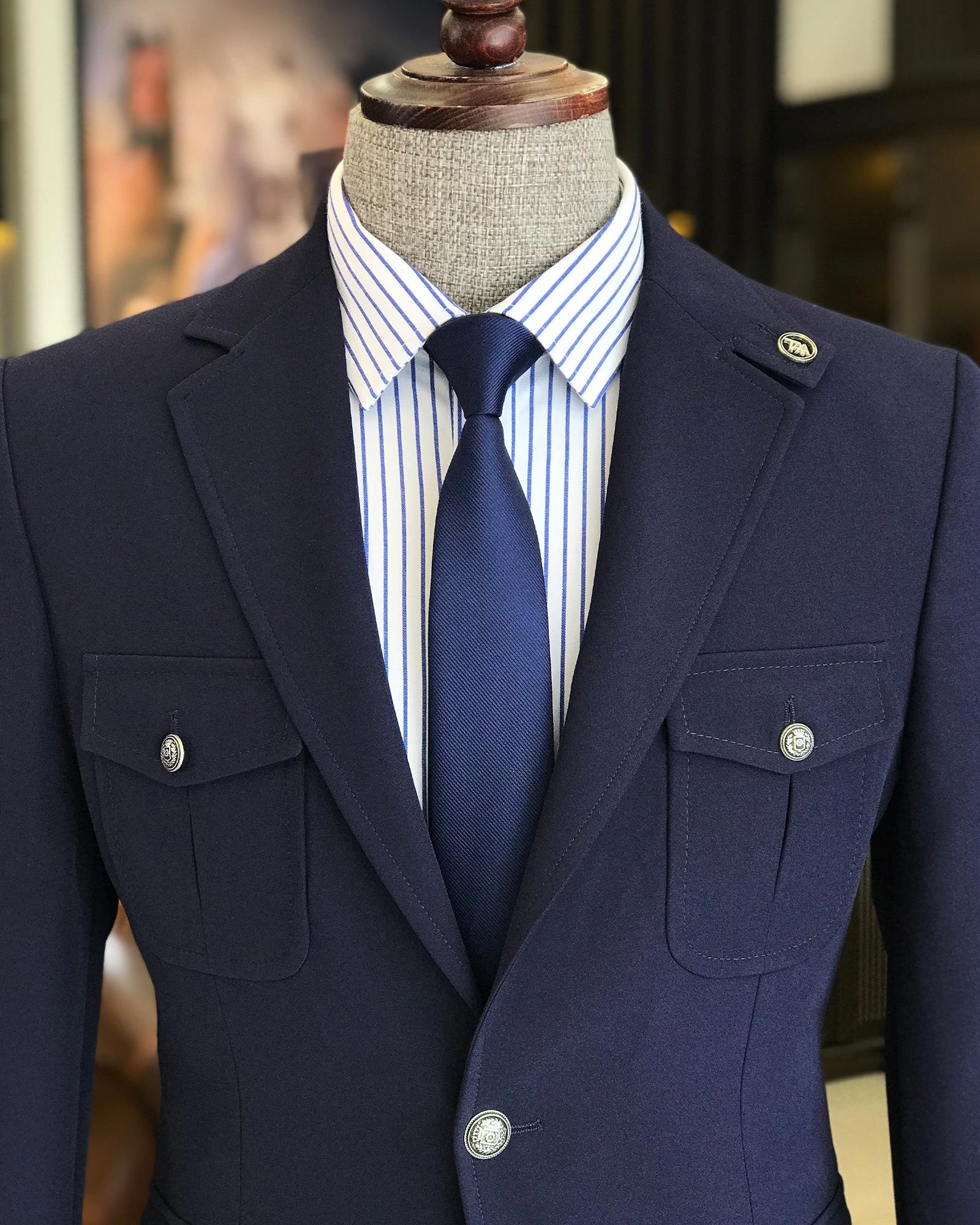 italyan stil slim fit yün karışımlı likralı safari ceket pantolon takım elbise lacivert T9582
