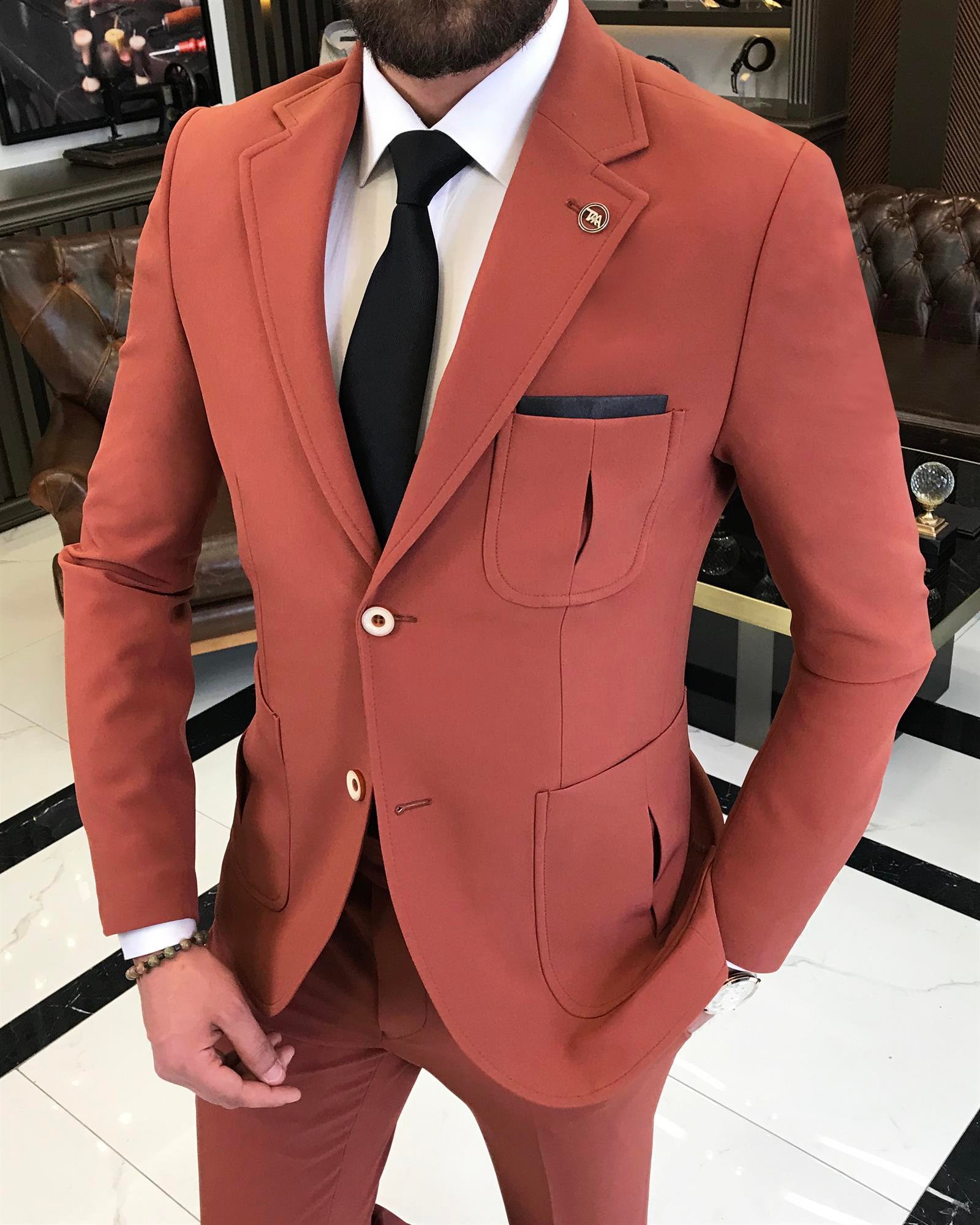 italyan stil slim fit yün karışımlı likralı safari ceket pantolon takım elbise kiremit T9590